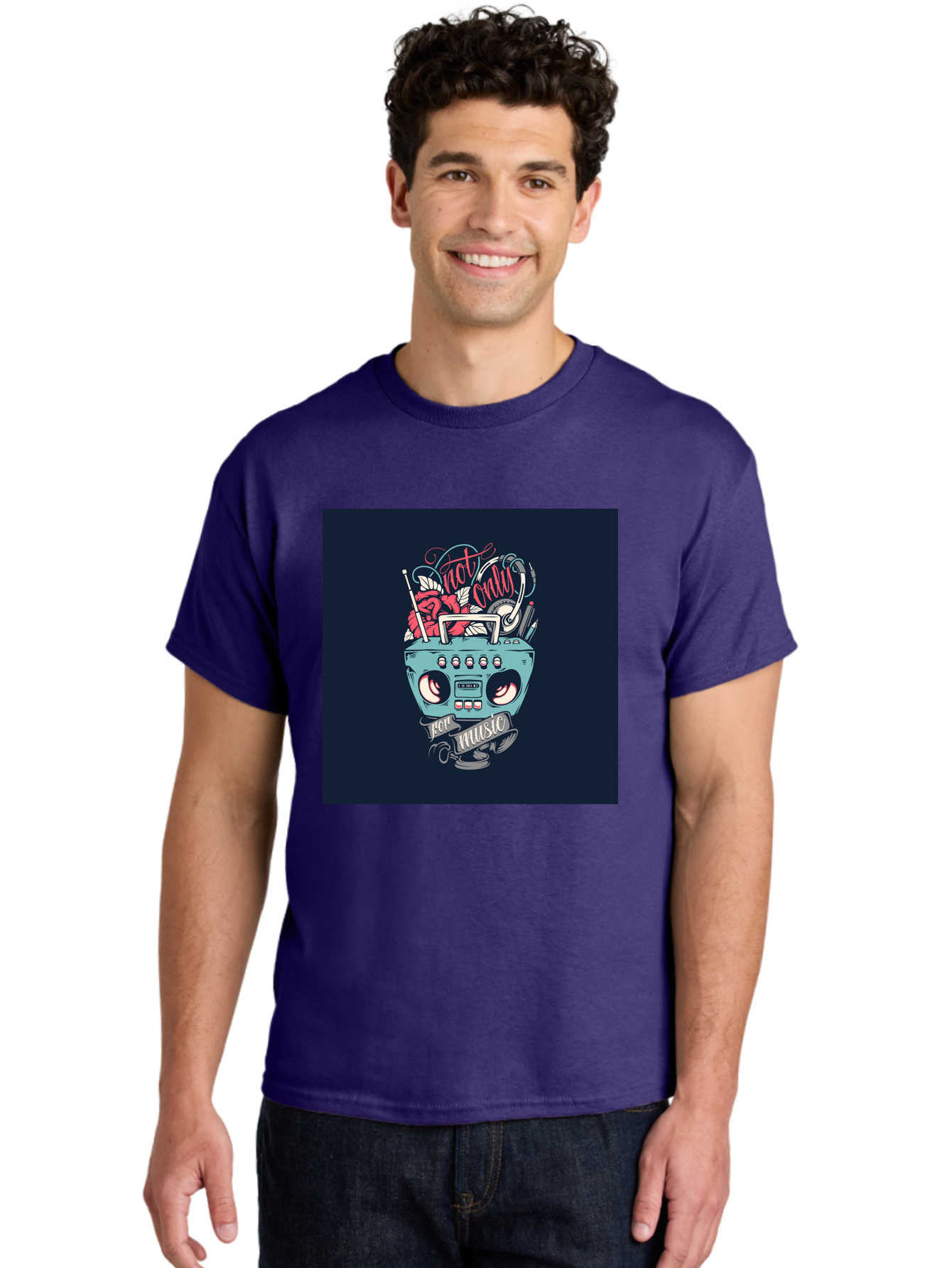 Not-Only-For-Music-Boombox Men'S Graphic Tee, 100% Cotton, Comfortable Casual Summer Wear, Machine Washable, Boombox Illustration, Cartoon Style, Vintage Electronics, Music Lovers, Retro Design, Cassette Tape, Headphones, Roses, Nostalgia, Aab475 30