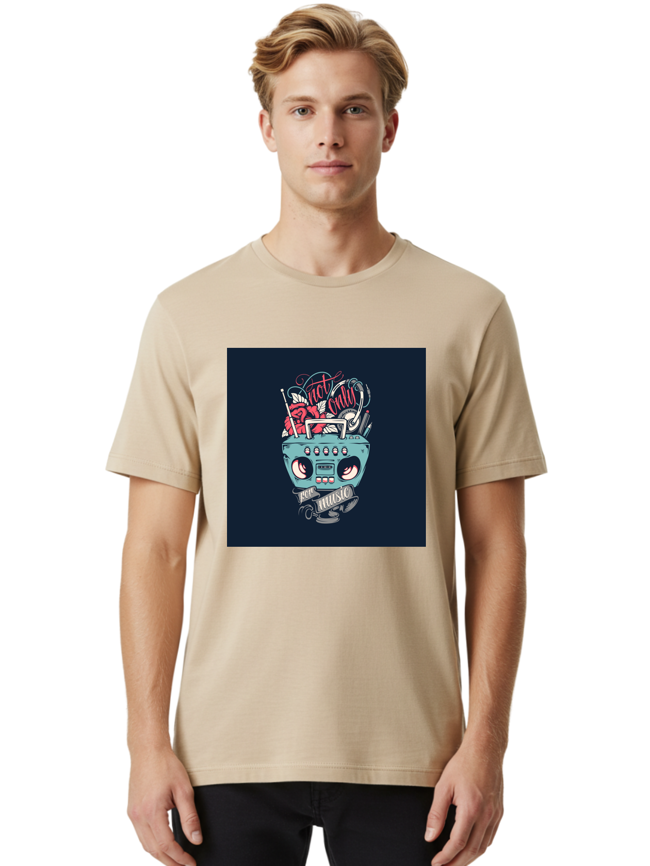 Not-Only-For-Music-Boombox Men'S Graphic Tee, 100% Cotton, Comfortable Casual Summer Wear, Machine Washable, Boombox Illustration, Cartoon Style, Vintage Electronics, Music Lovers, Retro Design, Cassette Tape, Headphones, Roses, Nostalgia, Aab475 8
