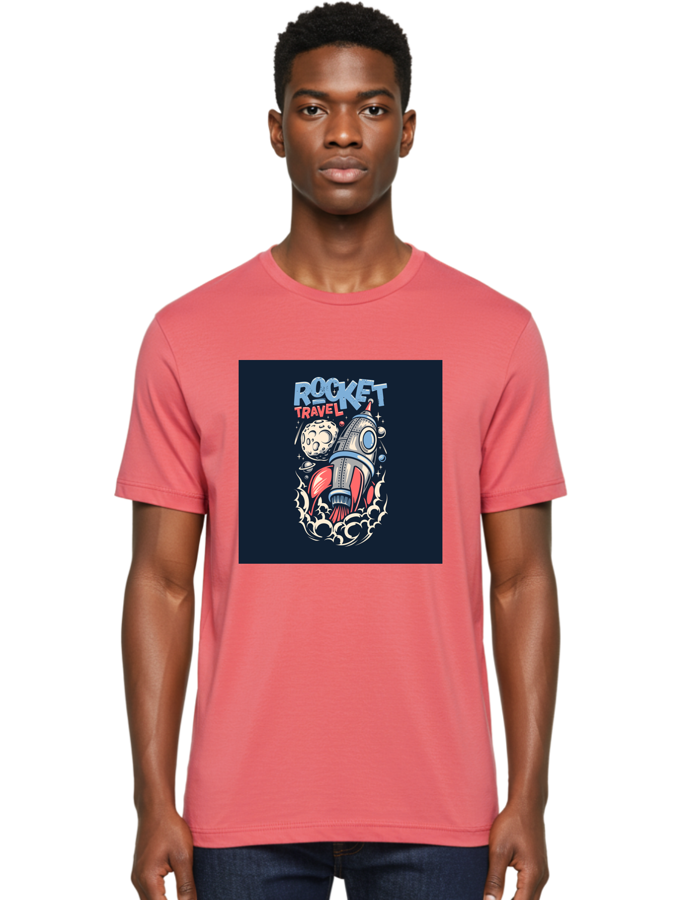 Rocket-Travel Men'S Graphic Tee, 100% Cotton, Comfortable Casual Summer Wear, Machine Washable, Rocket Ship, Space Travel, Adventure, Exploration, Cartoon Style, Vibrant Colors, Celestial Bodies, Moon, Stars, Futuristic Aab476 6