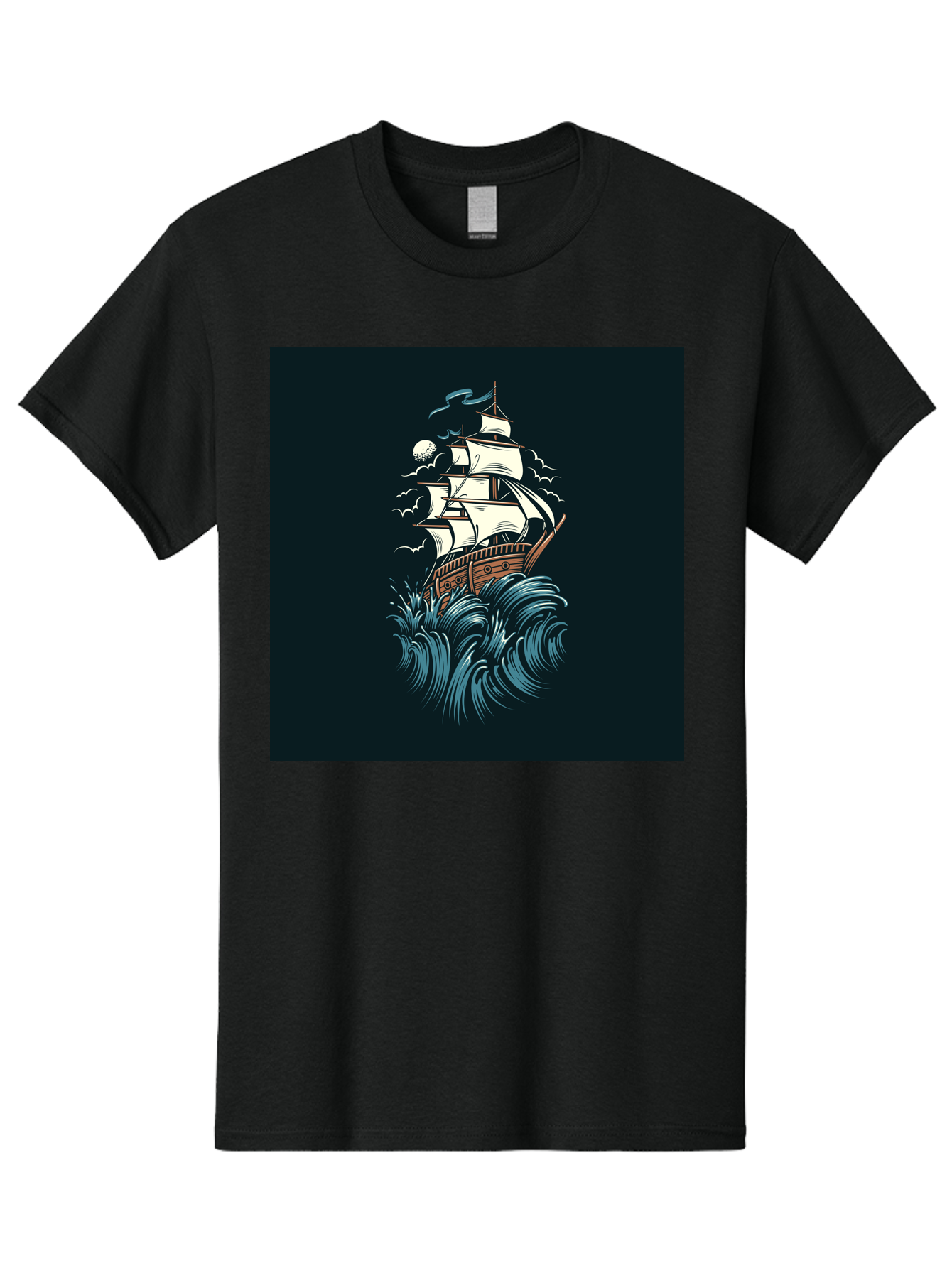 Sailing-Ship Men'S Graphic Tee, 100% Cotton, Comfortable Casual Summer Wear, Machine Washable, Sailing Ship, Stormy Sea, Rough Waves, Turbulent Weather, White Sails, Wooden Hull, Sailing Vessels, Coastal Scenery, Maritime Art, Navy Blue, Aab478 9