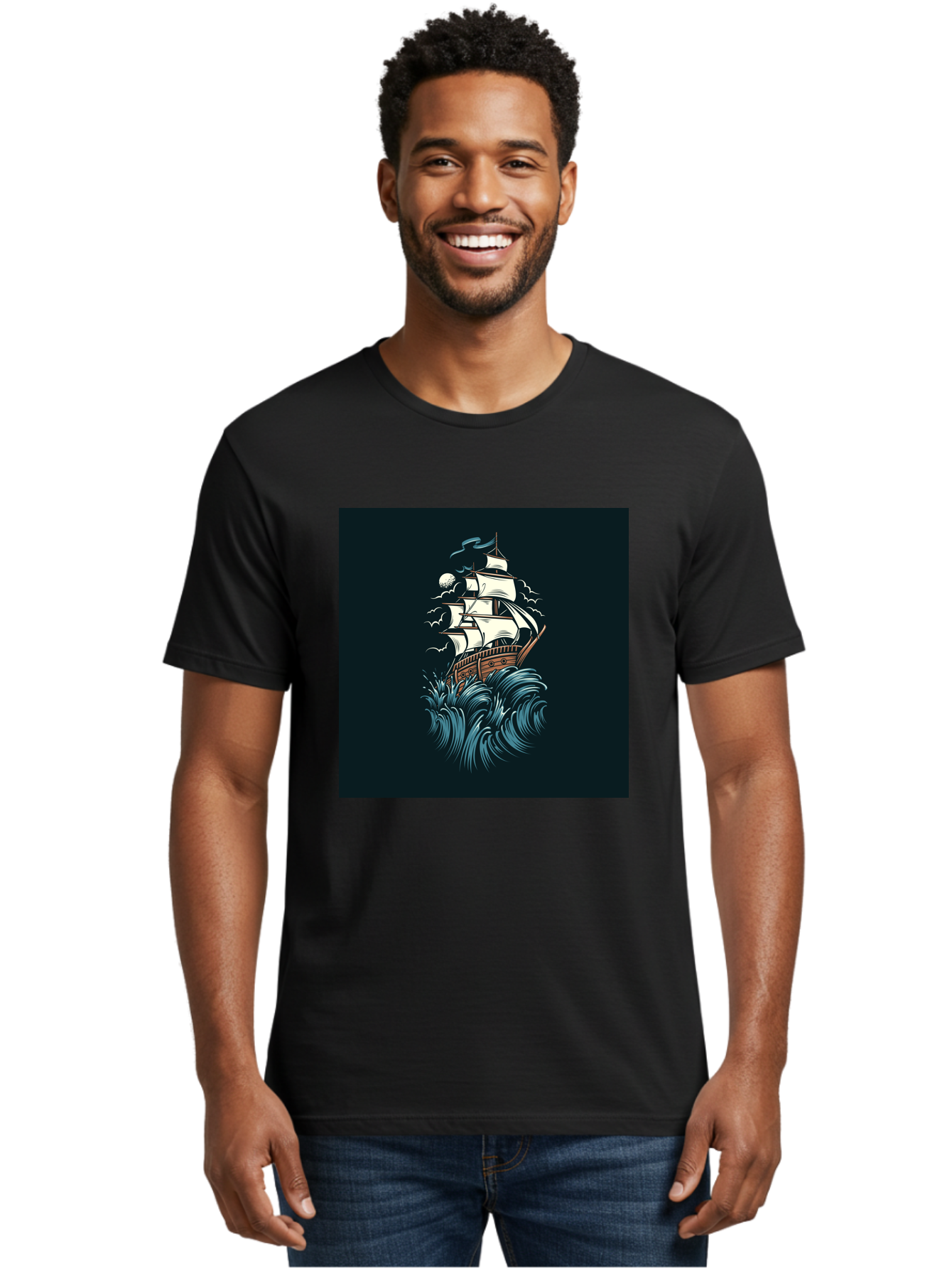 Sailing-Ship Men'S Graphic Tee, 100% Cotton, Comfortable Casual Summer Wear, Machine Washable, Sailing Ship, Stormy Sea, Rough Waves, Turbulent Weather, White Sails, Wooden Hull, Sailing Vessels, Coastal Scenery, Maritime Art, Navy Blue, Aab478 10