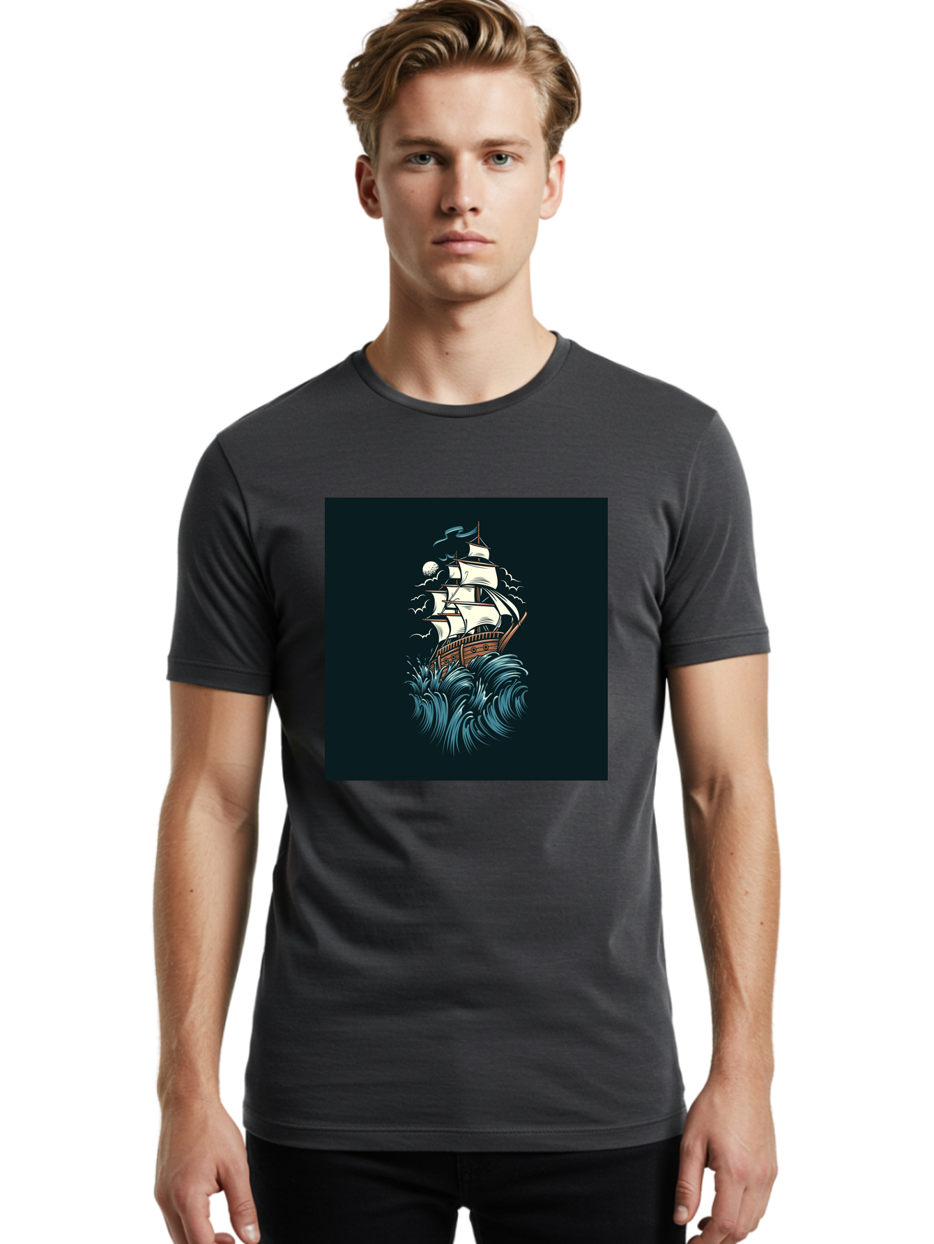 Sailing-Ship Men'S Graphic Tee, 100% Cotton, Comfortable Casual Summer Wear, Machine Washable, Sailing Ship, Stormy Sea, Rough Waves, Turbulent Weather, White Sails, Wooden Hull, Sailing Vessels, Coastal Scenery, Maritime Art, Navy Blue, Aab478 18