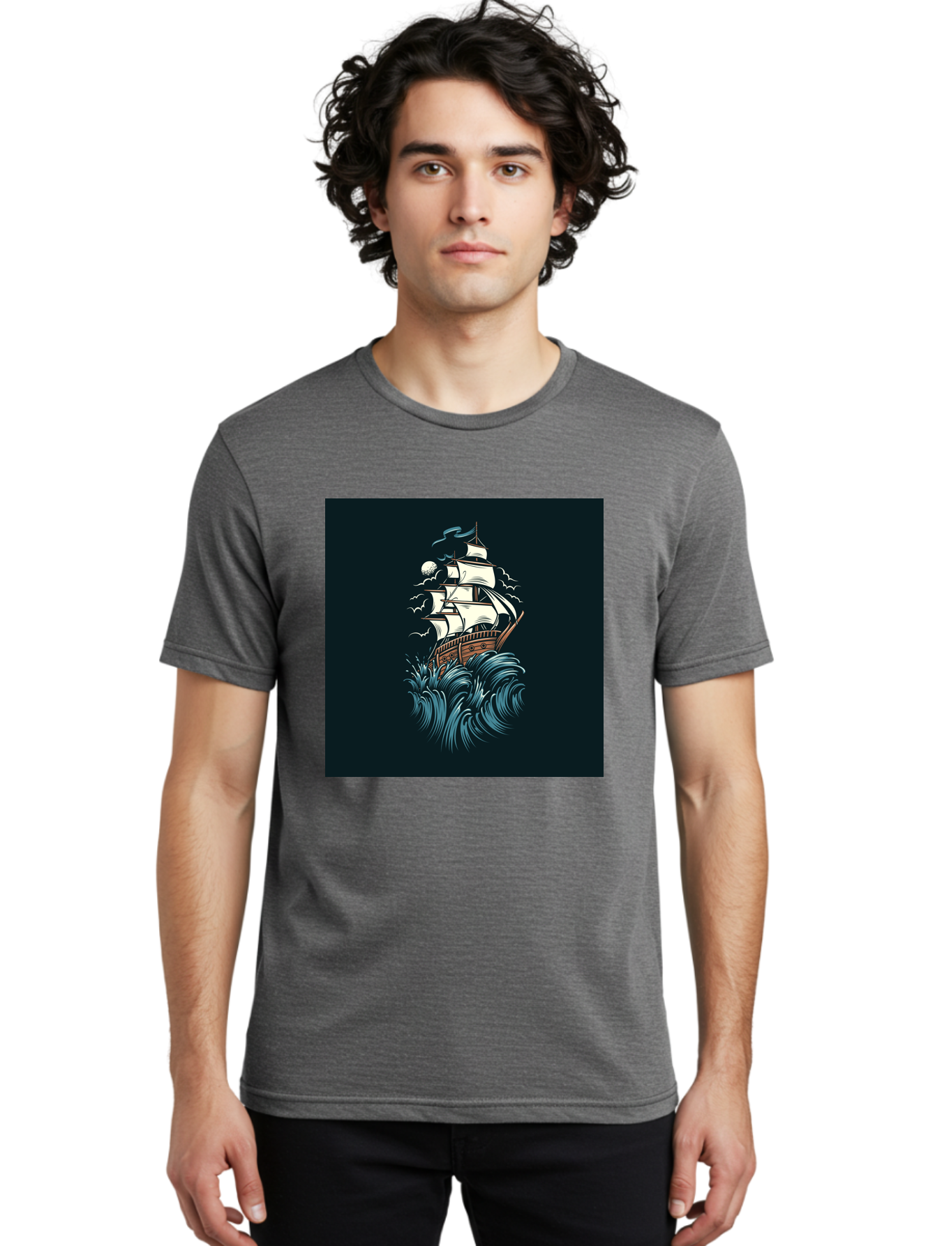 Sailing-Ship Men'S Graphic Tee, 100% Cotton, Comfortable Casual Summer Wear, Machine Washable, Sailing Ship, Stormy Sea, Rough Waves, Turbulent Weather, White Sails, Wooden Hull, Sailing Vessels, Coastal Scenery, Maritime Art, Navy Blue, Aab478 24