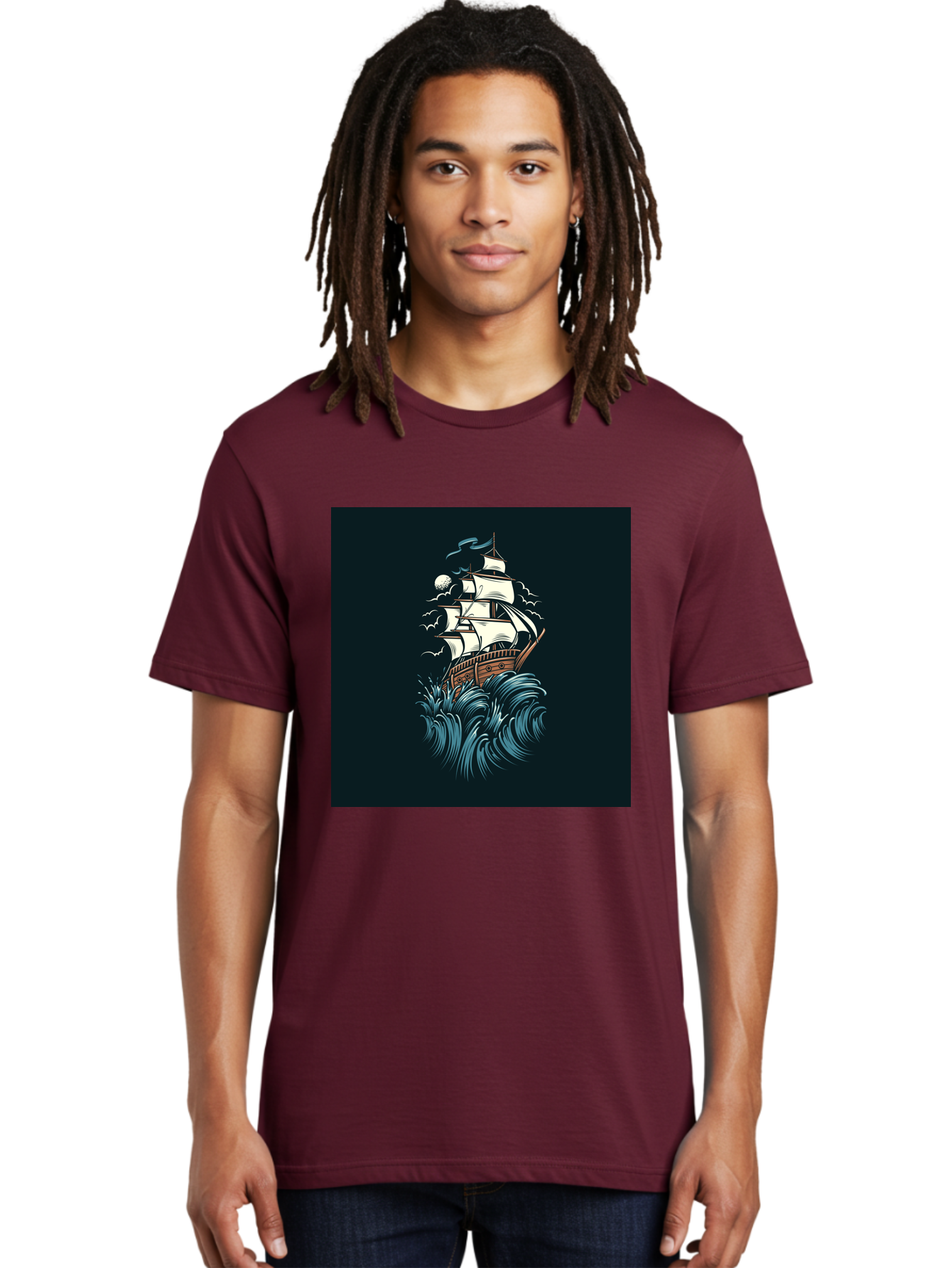 Sailing-Ship Men'S Graphic Tee, 100% Cotton, Comfortable Casual Summer Wear, Machine Washable, Sailing Ship, Stormy Sea, Rough Waves, Turbulent Weather, White Sails, Wooden Hull, Sailing Vessels, Coastal Scenery, Maritime Art, Navy Blue, Aab478 14
