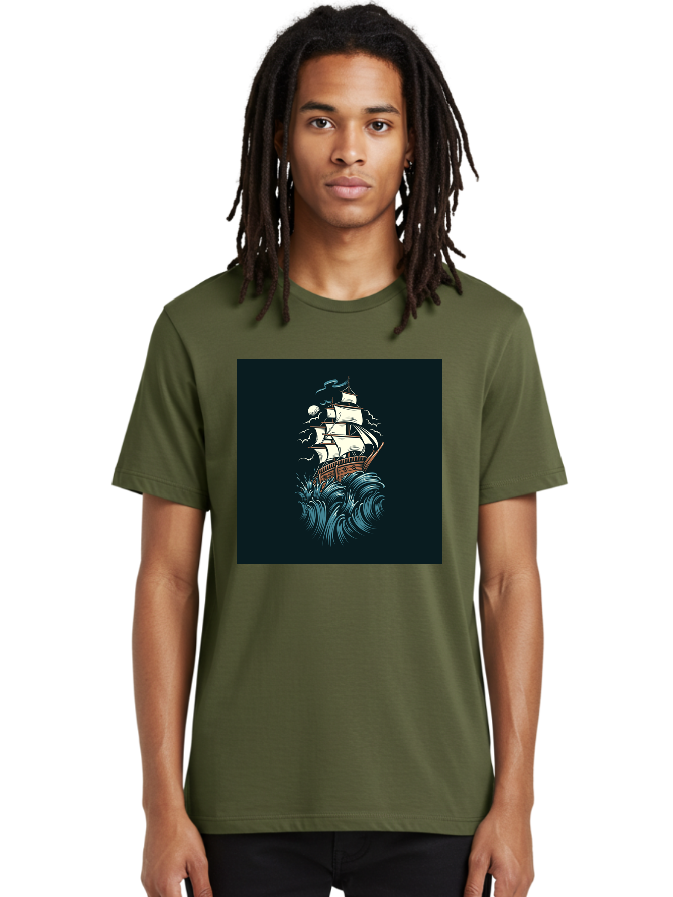 Sailing-Ship Men'S Graphic Tee, 100% Cotton, Comfortable Casual Summer Wear, Machine Washable, Sailing Ship, Stormy Sea, Rough Waves, Turbulent Weather, White Sails, Wooden Hull, Sailing Vessels, Coastal Scenery, Maritime Art, Navy Blue, Aab478 26