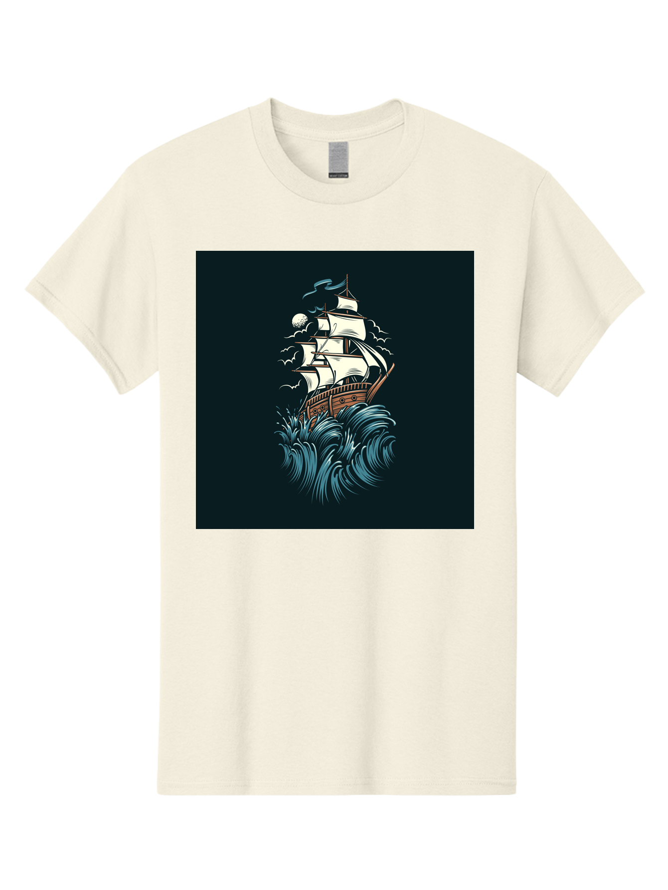 Sailing-Ship Men'S Graphic Tee, 100% Cotton, Comfortable Casual Summer Wear, Machine Washable, Sailing Ship, Stormy Sea, Rough Waves, Turbulent Weather, White Sails, Wooden Hull, Sailing Vessels, Coastal Scenery, Maritime Art, Navy Blue, Aab478 7