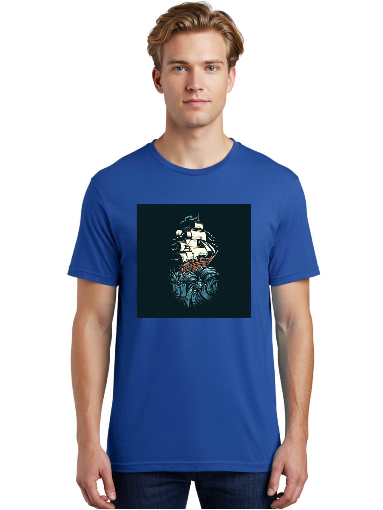Sailing-Ship Men'S Graphic Tee, 100% Cotton, Comfortable Casual Summer Wear, Machine Washable, Sailing Ship, Stormy Sea, Rough Waves, Turbulent Weather, White Sails, Wooden Hull, Sailing Vessels, Coastal Scenery, Maritime Art, Navy Blue, Aab478 28