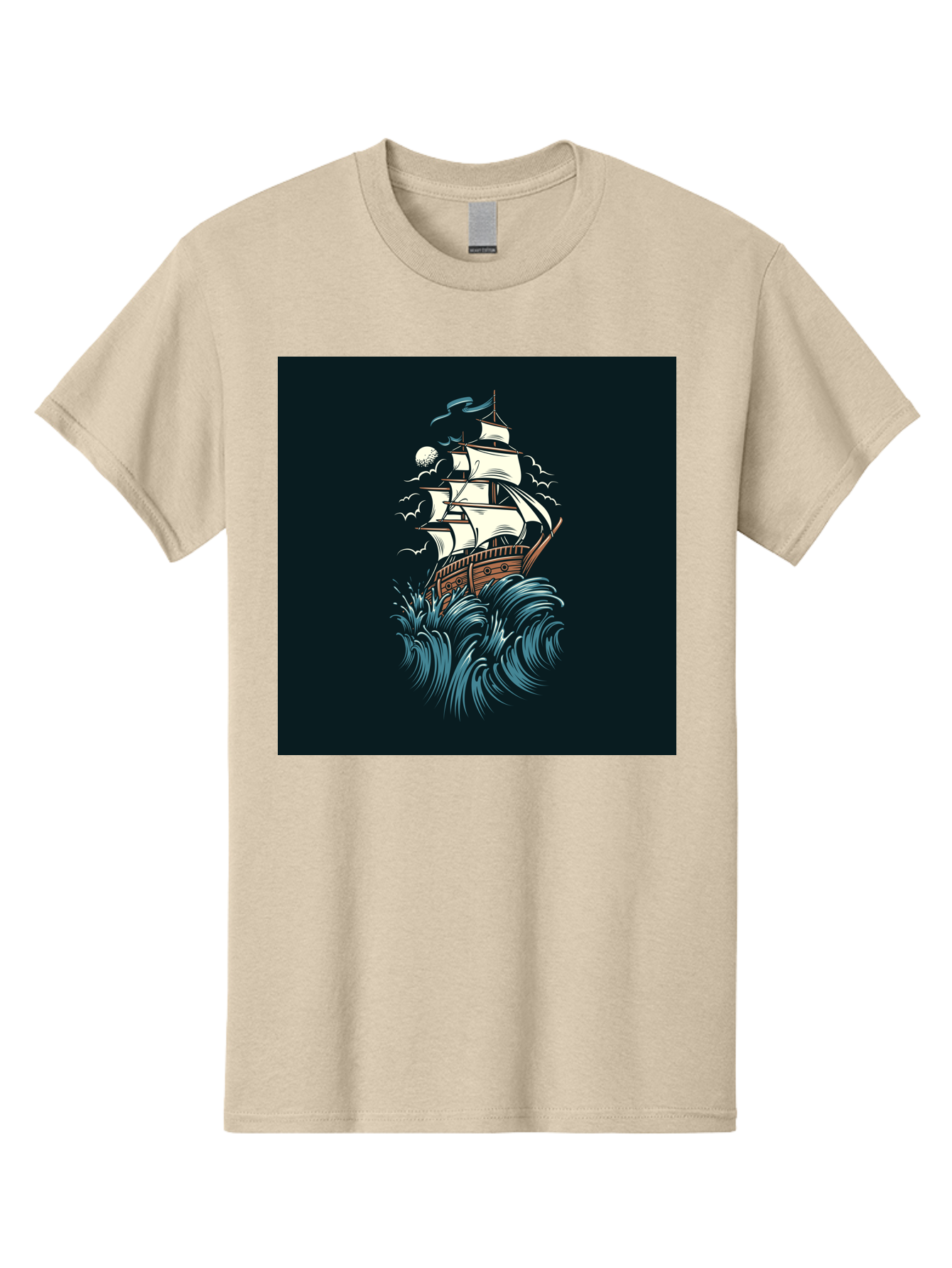 Sailing-Ship Men'S Graphic Tee, 100% Cotton, Comfortable Casual Summer Wear, Machine Washable, Sailing Ship, Stormy Sea, Rough Waves, Turbulent Weather, White Sails, Wooden Hull, Sailing Vessels, Coastal Scenery, Maritime Art, Navy Blue, Aab478 21