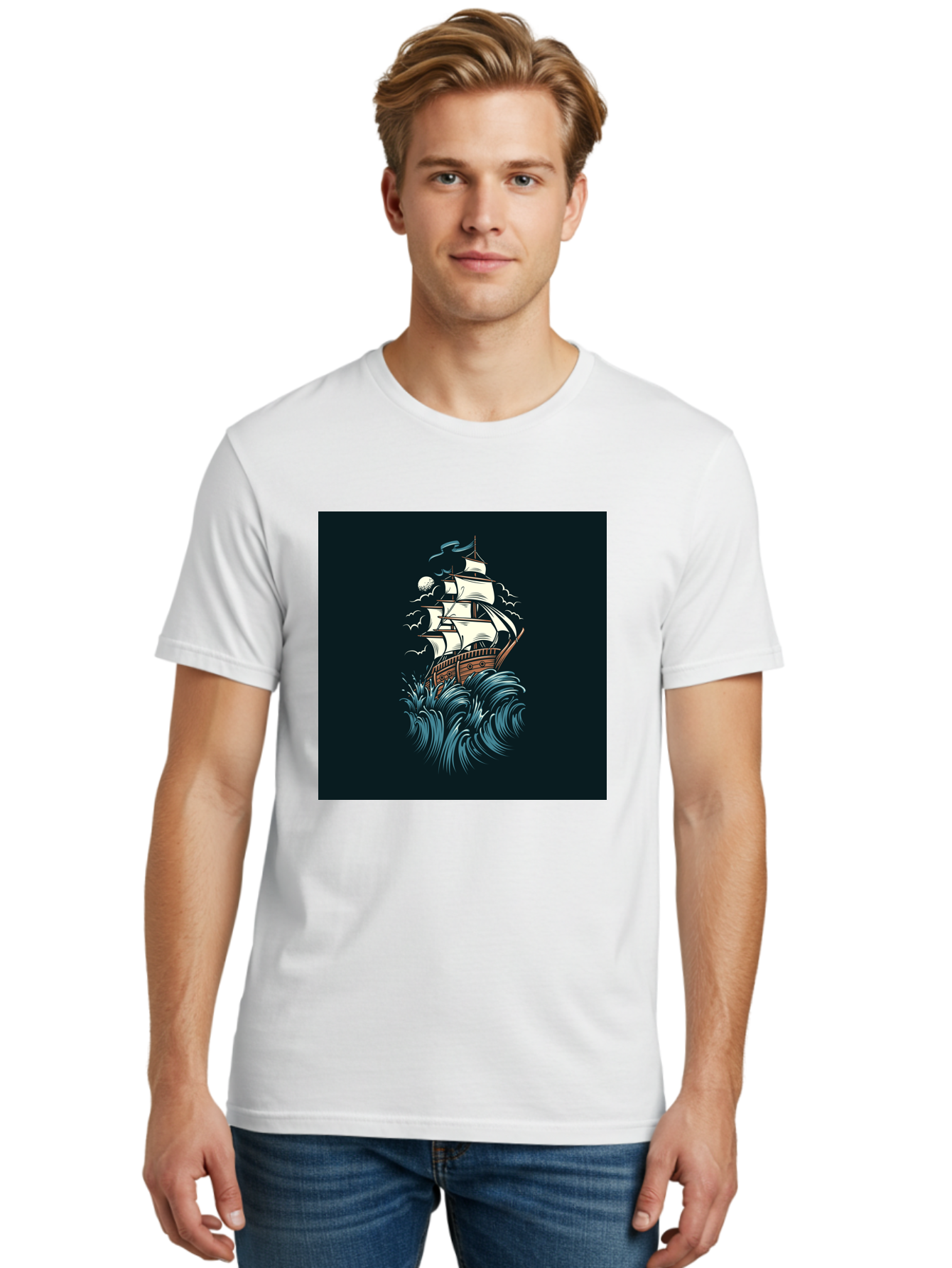 Sailing-Ship Men'S Graphic Tee, 100% Cotton, Comfortable Casual Summer Wear, Machine Washable, Sailing Ship, Stormy Sea, Rough Waves, Turbulent Weather, White Sails, Wooden Hull, Sailing Vessels, Coastal Scenery, Maritime Art, Navy Blue, Aab478 20