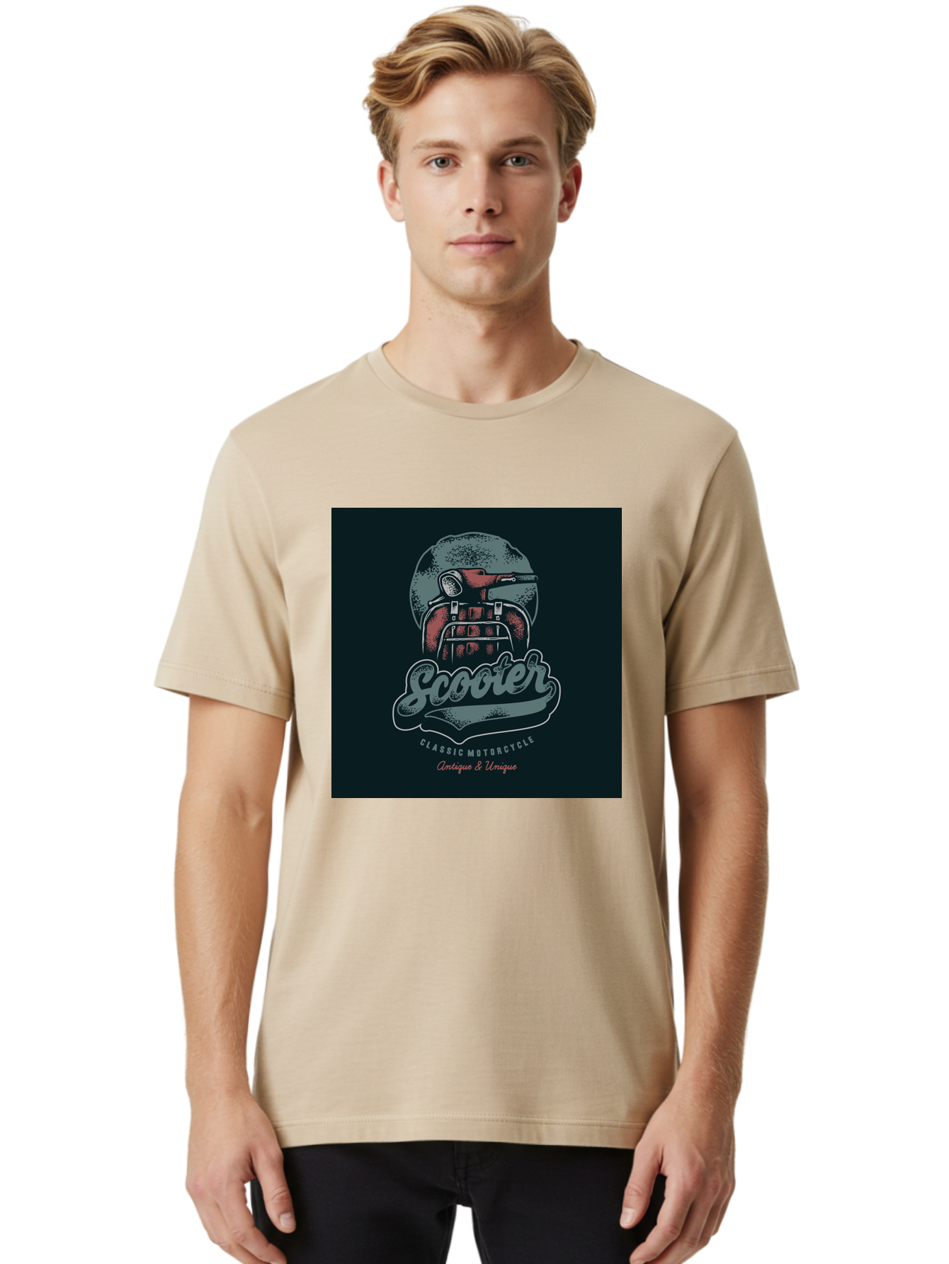 Scooter-Classic-Motorcycle Men'S Graphic Tee, 100% Cotton, Comfortable Casual Summer Wear, Machine Washable, Vintage Motorcycle Helmet, Classic Scooter Design, Antique Bike, Unique Motorcycle Art, Retro Scooter Style, Nostalgic Ride, Aab479 28