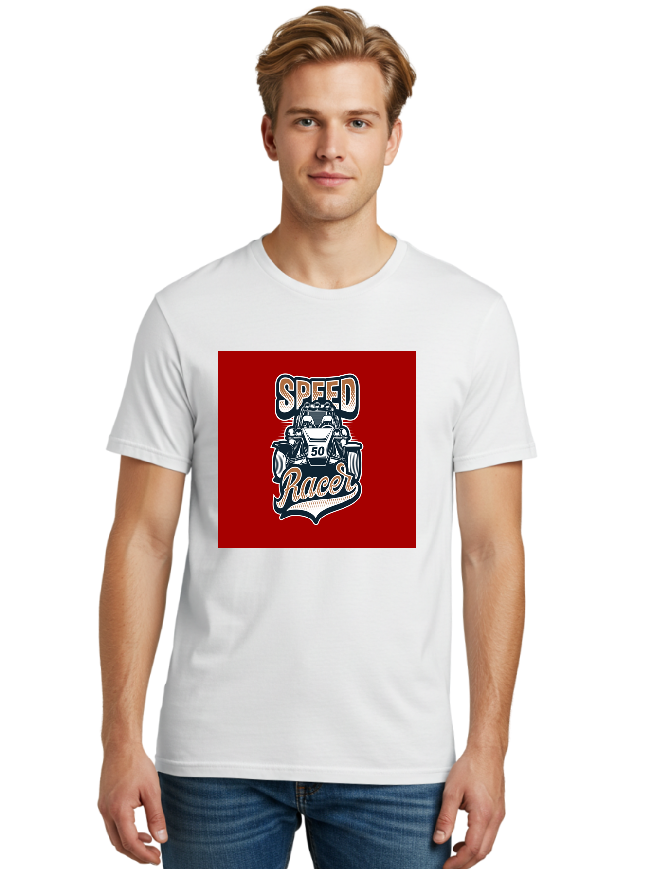 Speed-Racer Men'S Graphic Tee, 100% Cotton, Comfortable Casual Summer Wear, Machine Washable, Vintage Style Racing Car, Dune Buggy Illustration, Speed Racer Graphic, Retro Racing Art, Off-Road Vehicle, Motorsport Logo, Racing Number 50, Aab482 2