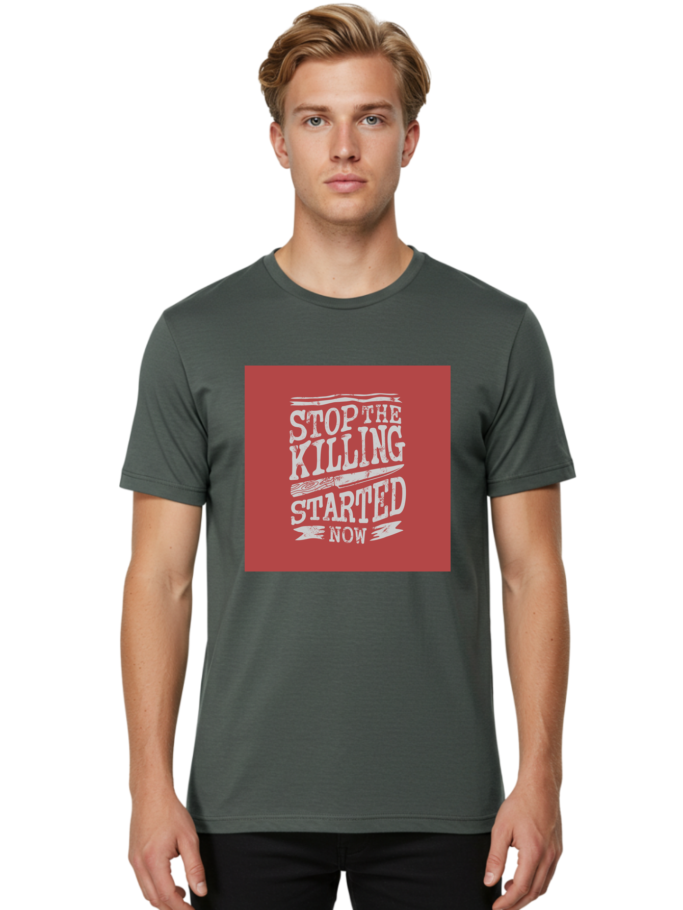 Stop-The-Killing-Started-Now Men'S Graphic Tee, 100% Cotton, Comfortable Casual Summer Wear, Machine Washable, Vegetarian Lifestyle, Animal Rights, Stop Killing, Vegan Movement, Cruelty Free, Bold Typography, Protest Art, Activist Message, Aab484 4