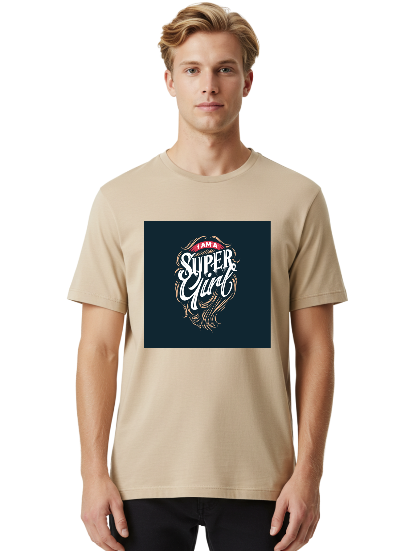 Super-Girl Men'S Graphic Tee, 100% Cotton, Comfortable Casual Summer Wear, Machine Washable, Female Empowerment, Inspirational Quote, Girl Power, Motivational Phrase, Flowing Hair, Elegant Script, Confident Attitude, Strong Women, Aab485 28