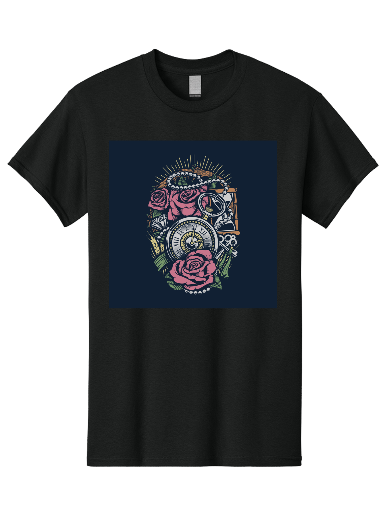 Tattoo-Roses-With-Pocket-Watch-Keys Men'S Graphic Tee, 100% Cotton, Comfortable Casual Summer Wear, Machine Washable, Pocket Watch, Roses, Floral Design, Vintage Clock, Jewelry, Keys, Tattoo Art, Intricate Details, Classic Style, Aab486 1