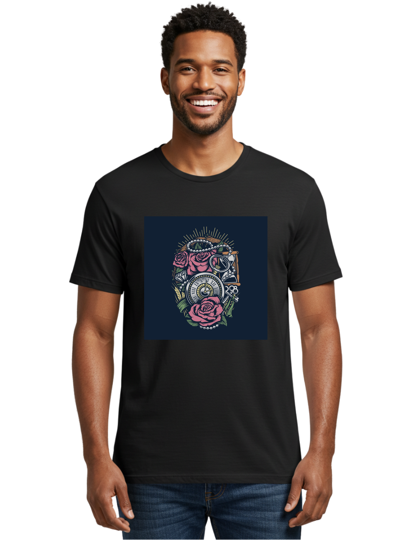 Tattoo-Roses-With-Pocket-Watch-Keys Men'S Graphic Tee, 100% Cotton, Comfortable Casual Summer Wear, Machine Washable, Pocket Watch, Roses, Floral Design, Vintage Clock, Jewelry, Keys, Tattoo Art, Intricate Details, Classic Style, Aab486 18
