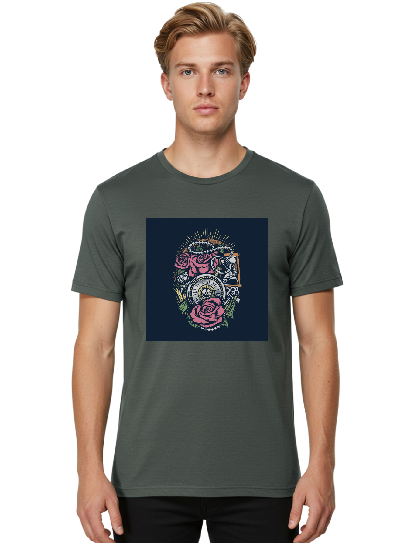 Tattoo-Roses-With-Pocket-Watch-Keys Men'S Graphic Tee, 100% Cotton, Comfortable Casual Summer Wear, Machine Washable, Pocket Watch, Roses, Floral Design, Vintage Clock, Jewelry, Keys, Tattoo Art, Intricate Details, Classic Style, Aab486 22