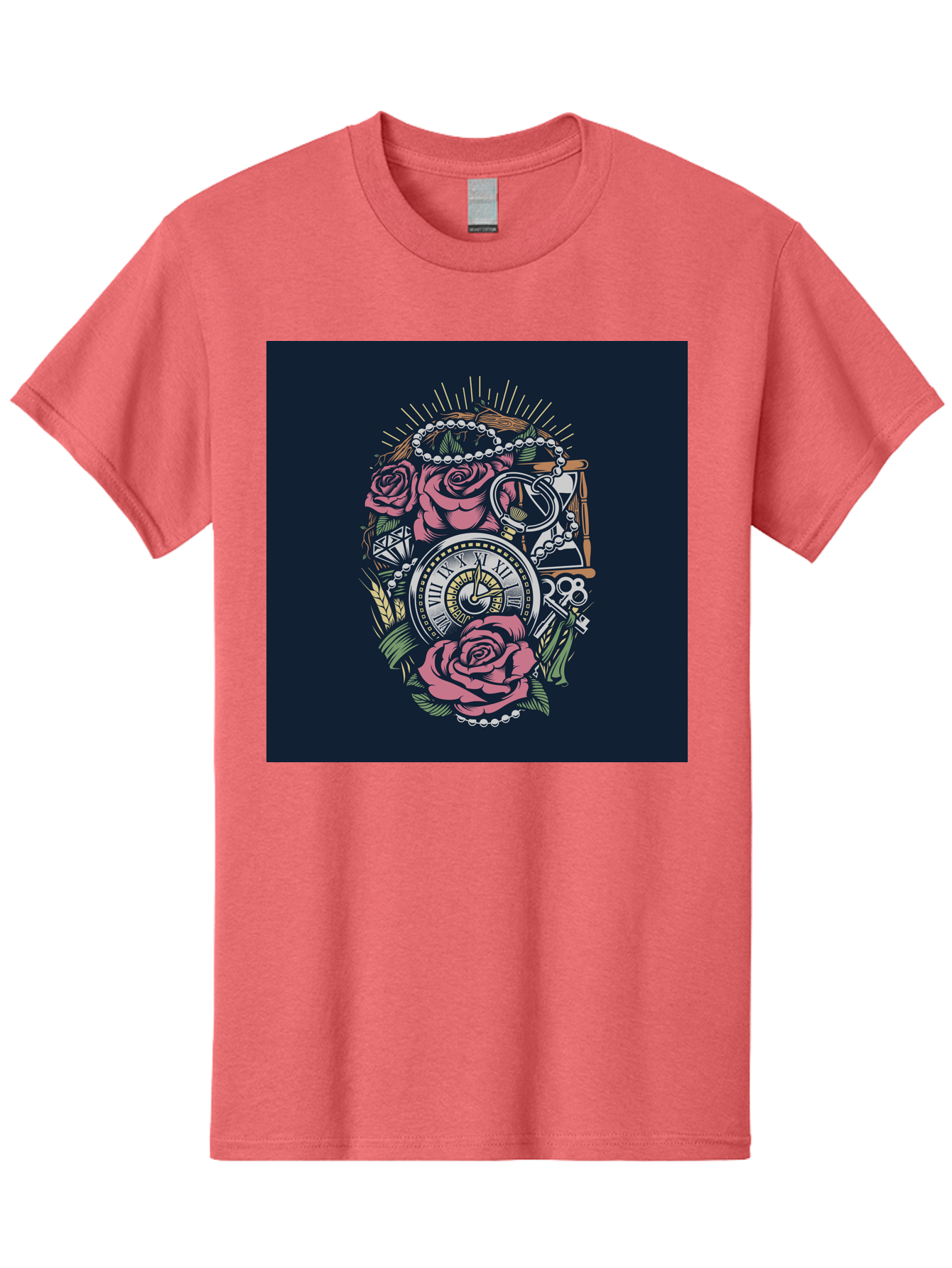 Tattoo-Roses-With-Pocket-Watch-Keys Men'S Graphic Tee, 100% Cotton, Comfortable Casual Summer Wear, Machine Washable, Pocket Watch, Roses, Floral Design, Vintage Clock, Jewelry, Keys, Tattoo Art, Intricate Details, Classic Style, Aab486 9