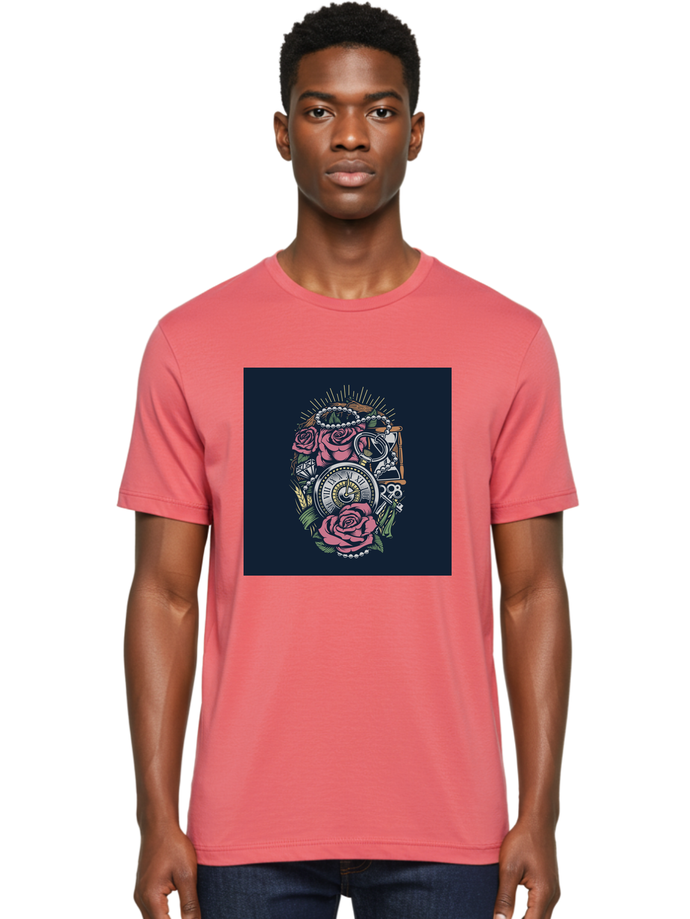Tattoo-Roses-With-Pocket-Watch-Keys Men'S Graphic Tee, 100% Cotton, Comfortable Casual Summer Wear, Machine Washable, Pocket Watch, Roses, Floral Design, Vintage Clock, Jewelry, Keys, Tattoo Art, Intricate Details, Classic Style, Aab486 10