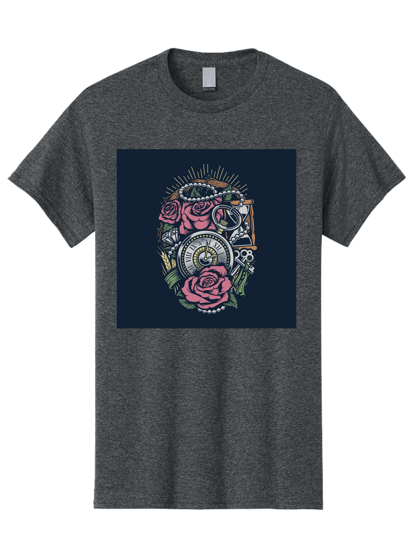 Tattoo-Roses-With-Pocket-Watch-Keys Men'S Graphic Tee, 100% Cotton, Comfortable Casual Summer Wear, Machine Washable, Pocket Watch, Roses, Floral Design, Vintage Clock, Jewelry, Keys, Tattoo Art, Intricate Details, Classic Style, Aab486 5