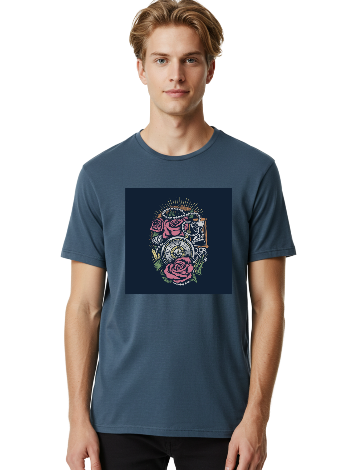 Tattoo-Roses-With-Pocket-Watch-Keys Men'S Graphic Tee, 100% Cotton, Comfortable Casual Summer Wear, Machine Washable, Pocket Watch, Roses, Floral Design, Vintage Clock, Jewelry, Keys, Tattoo Art, Intricate Details, Classic Style, Aab486 20