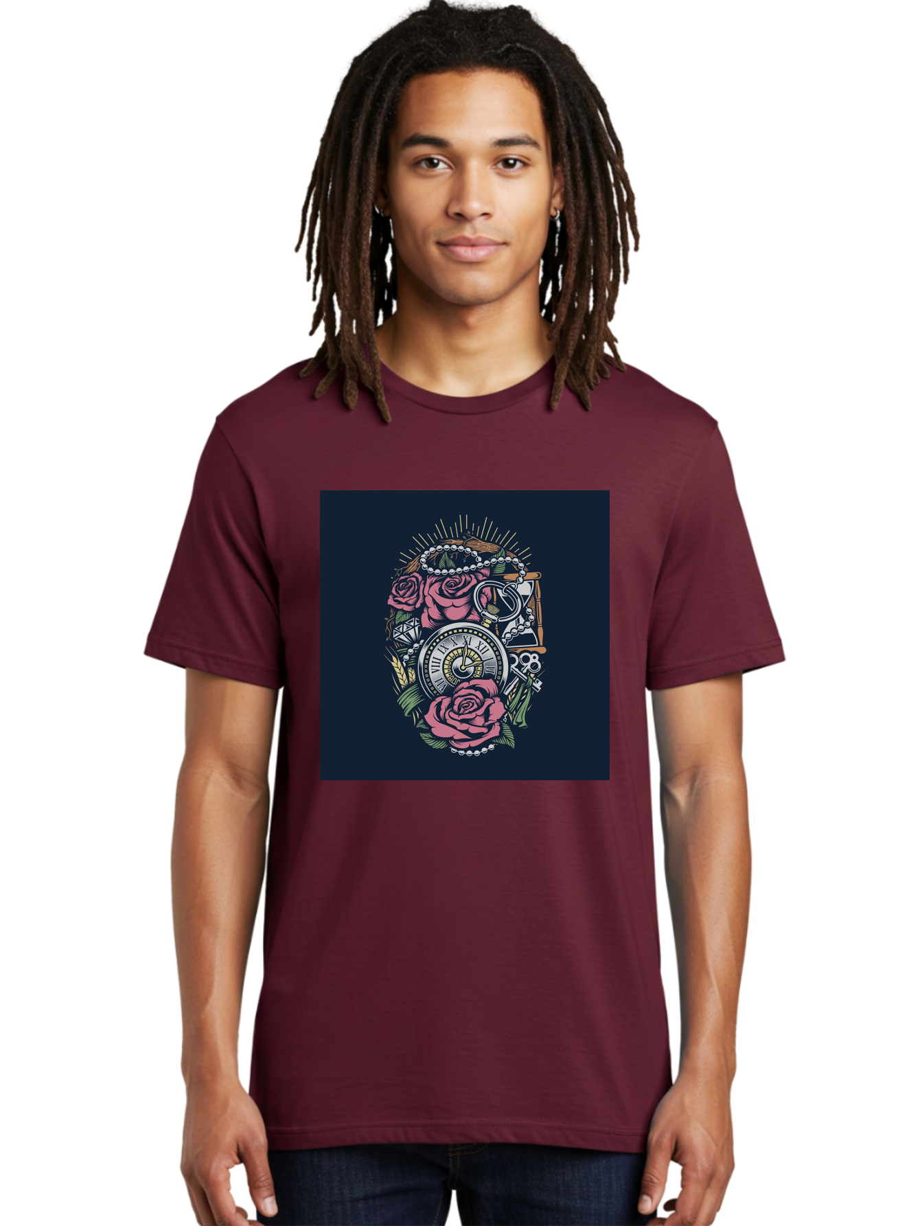 Tattoo-Roses-With-Pocket-Watch-Keys Men'S Graphic Tee, 100% Cotton, Comfortable Casual Summer Wear, Machine Washable, Pocket Watch, Roses, Floral Design, Vintage Clock, Jewelry, Keys, Tattoo Art, Intricate Details, Classic Style, Aab486 2