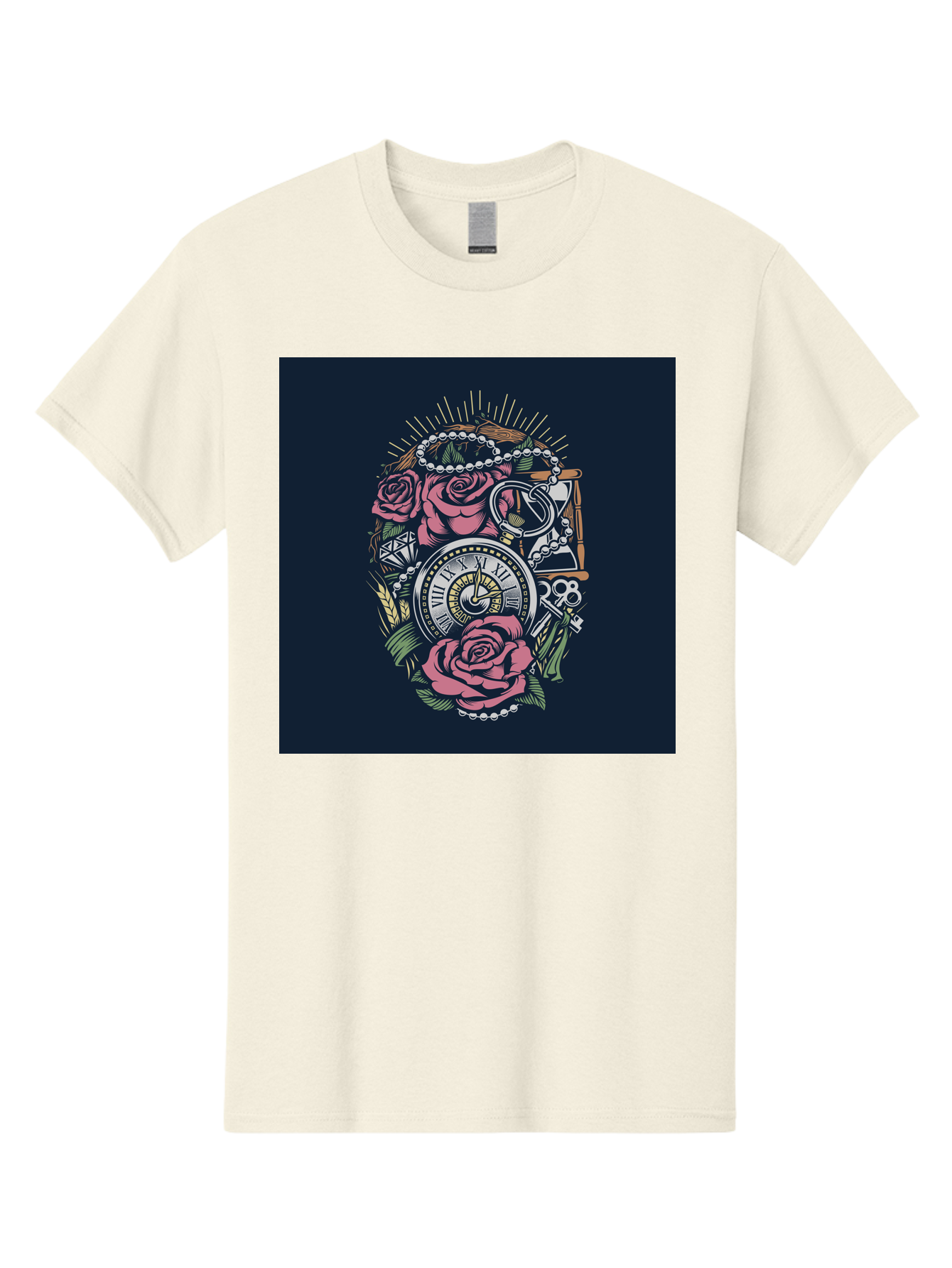Tattoo-Roses-With-Pocket-Watch-Keys Men'S Graphic Tee, 100% Cotton, Comfortable Casual Summer Wear, Machine Washable, Pocket Watch, Roses, Floral Design, Vintage Clock, Jewelry, Keys, Tattoo Art, Intricate Details, Classic Style, Aab486 11