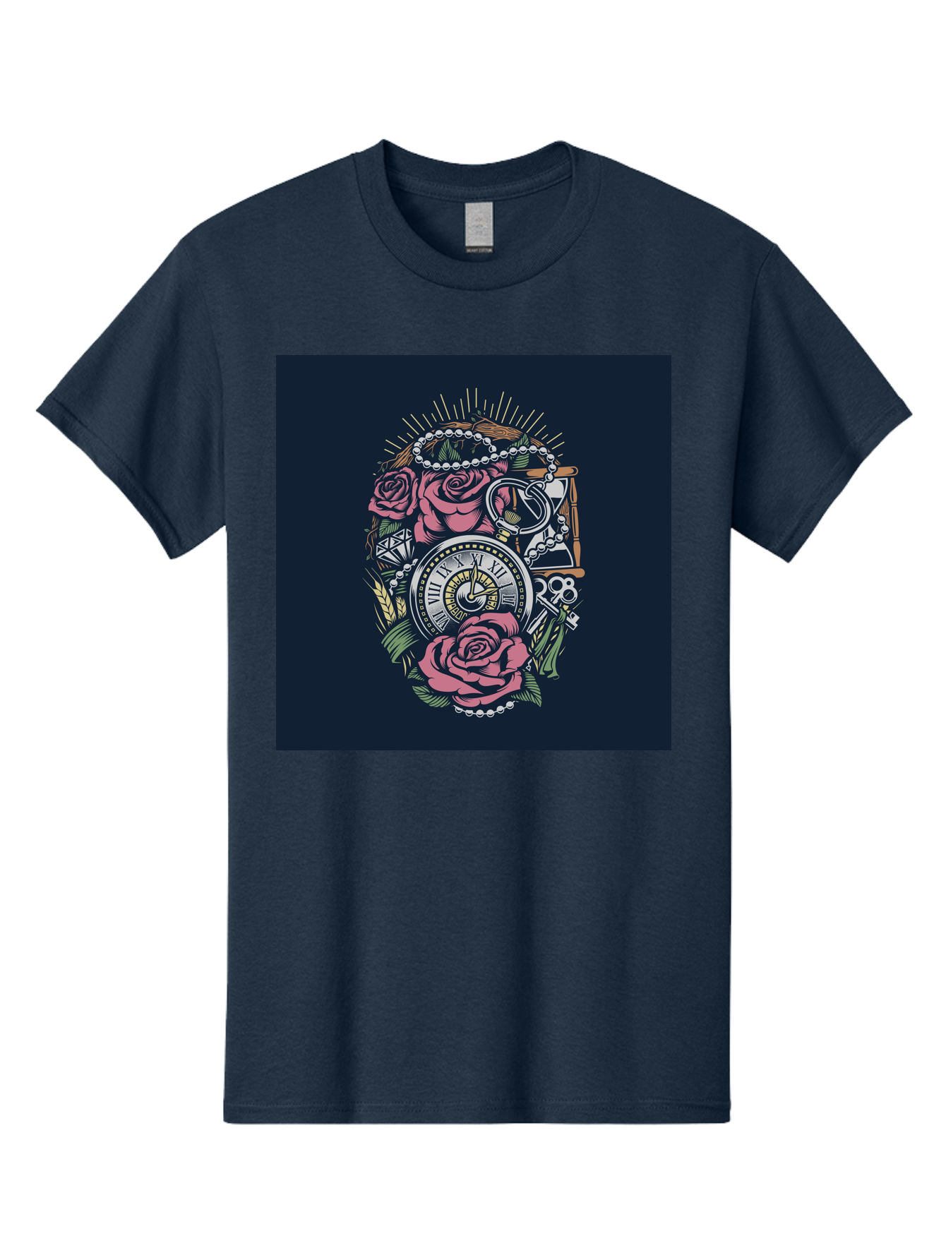 Tattoo-Roses-With-Pocket-Watch-Keys Men'S Graphic Tee, 100% Cotton, Comfortable Casual Summer Wear, Machine Washable, Pocket Watch, Roses, Floral Design, Vintage Clock, Jewelry, Keys, Tattoo Art, Intricate Details, Classic Style, Aab486 29