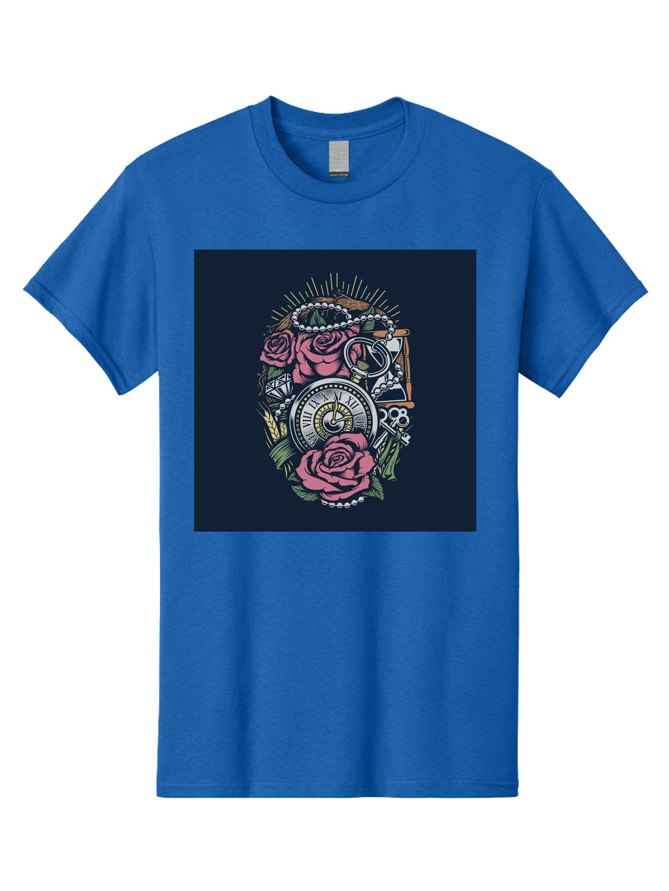 Tattoo-Roses-With-Pocket-Watch-Keys Men'S Graphic Tee, 100% Cotton, Comfortable Casual Summer Wear, Machine Washable, Pocket Watch, Roses, Floral Design, Vintage Clock, Jewelry, Keys, Tattoo Art, Intricate Details, Classic Style, Aab486 23