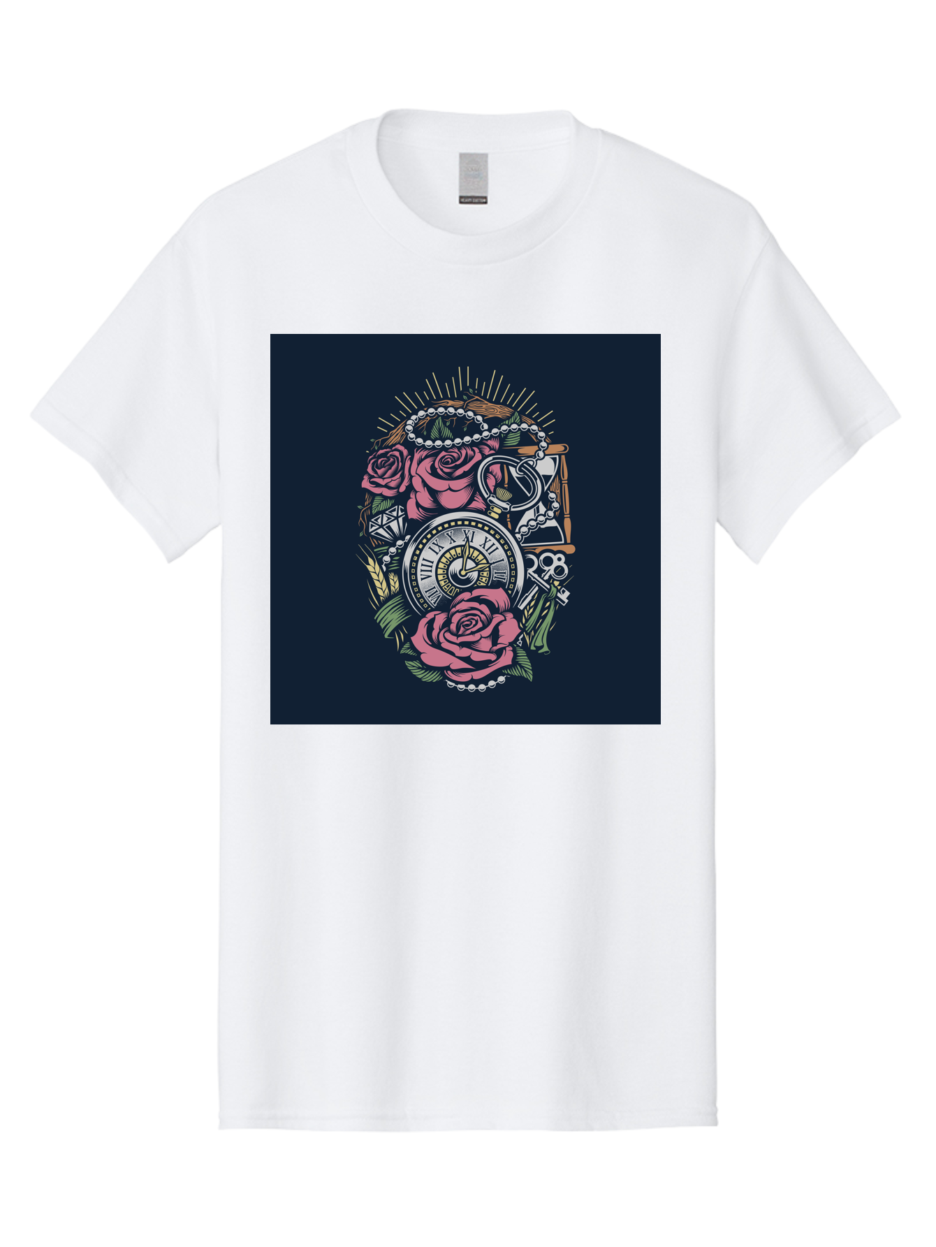 Tattoo-Roses-With-Pocket-Watch-Keys Men'S Graphic Tee, 100% Cotton, Comfortable Casual Summer Wear, Machine Washable, Pocket Watch, Roses, Floral Design, Vintage Clock, Jewelry, Keys, Tattoo Art, Intricate Details, Classic Style, Aab486 3