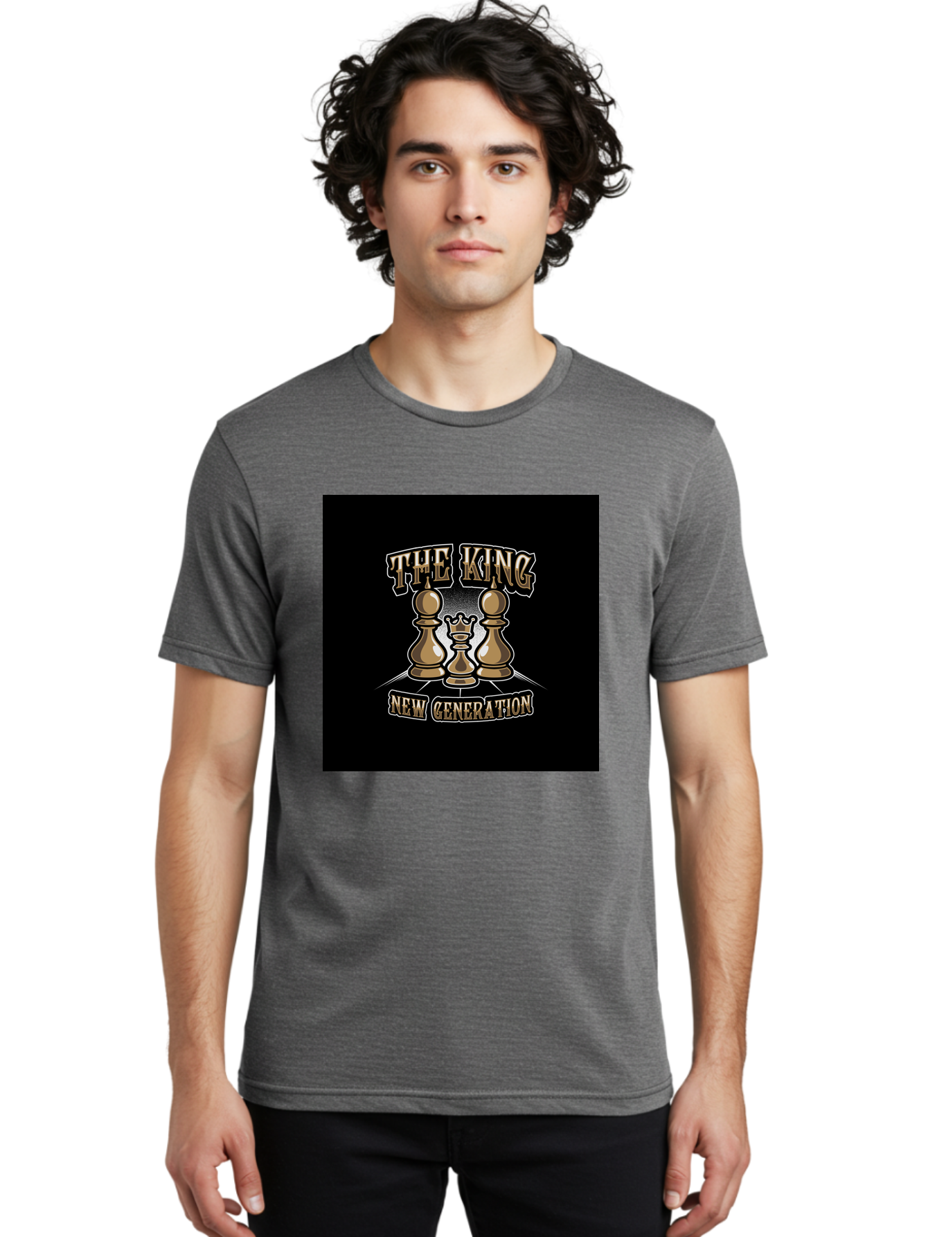The-King-New-Generation Men'S Graphic Tee, 100% Cotton, Comfortable Casual Summer Wear, Machine Washable, Chess Pieces, The King, New Generation, Leadership, Strategy, Gold Pieces, Pawn, Queen, King, Black Background, Logo Design, Branding, Aab487 10