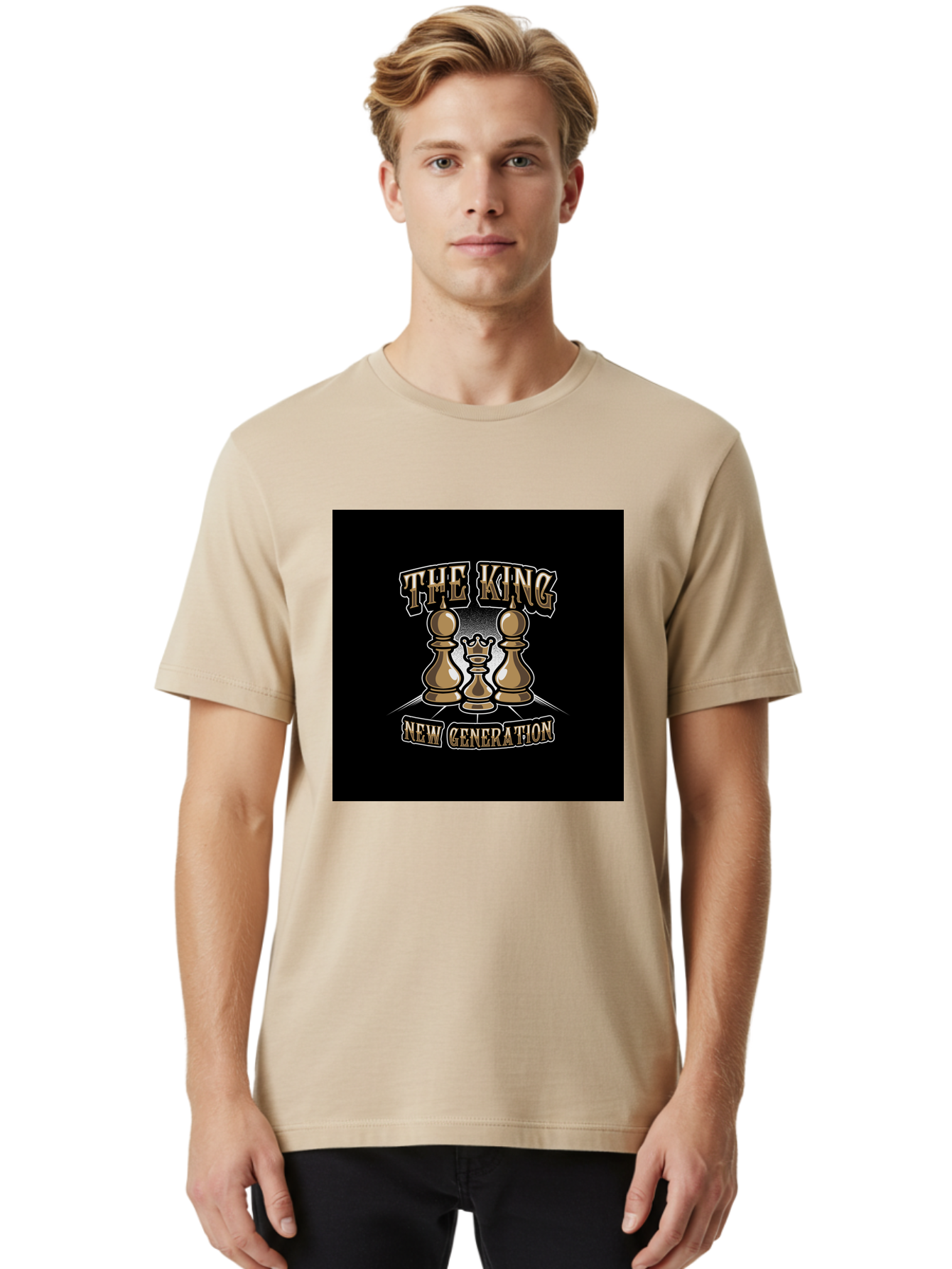 The-King-New-Generation Men'S Graphic Tee, 100% Cotton, Comfortable Casual Summer Wear, Machine Washable, Chess Pieces, The King, New Generation, Leadership, Strategy, Gold Pieces, Pawn, Queen, King, Black Background, Logo Design, Branding, Aab487 28