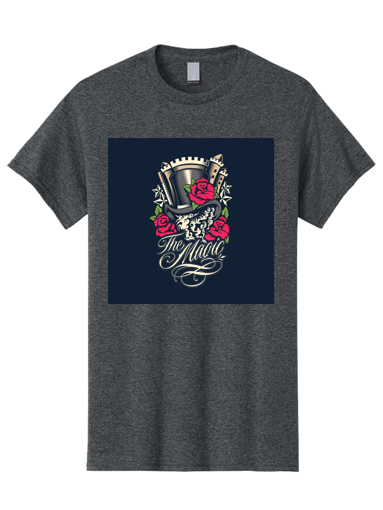 The-Magic Men'S Graphic Tee, 100% Cotton, Comfortable Casual Summer Wear, Machine Washable, Top Hat, Castle, Roses, Stars, Elegant Script, Fantasy Theme, Mystical Atmosphere, Luxury Design, Mysterious, Ornate Aab488 7