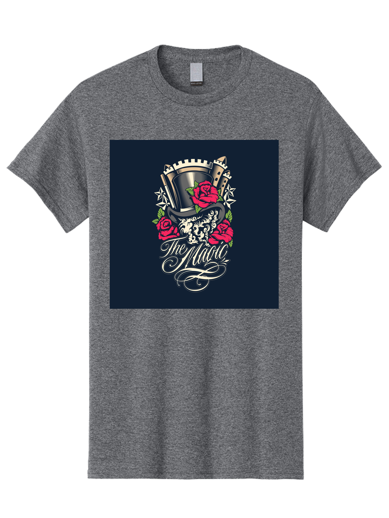 The-Magic Men'S Graphic Tee, 100% Cotton, Comfortable Casual Summer Wear, Machine Washable, Top Hat, Castle, Roses, Stars, Elegant Script, Fantasy Theme, Mystical Atmosphere, Luxury Design, Mysterious, Ornate Aab488 9