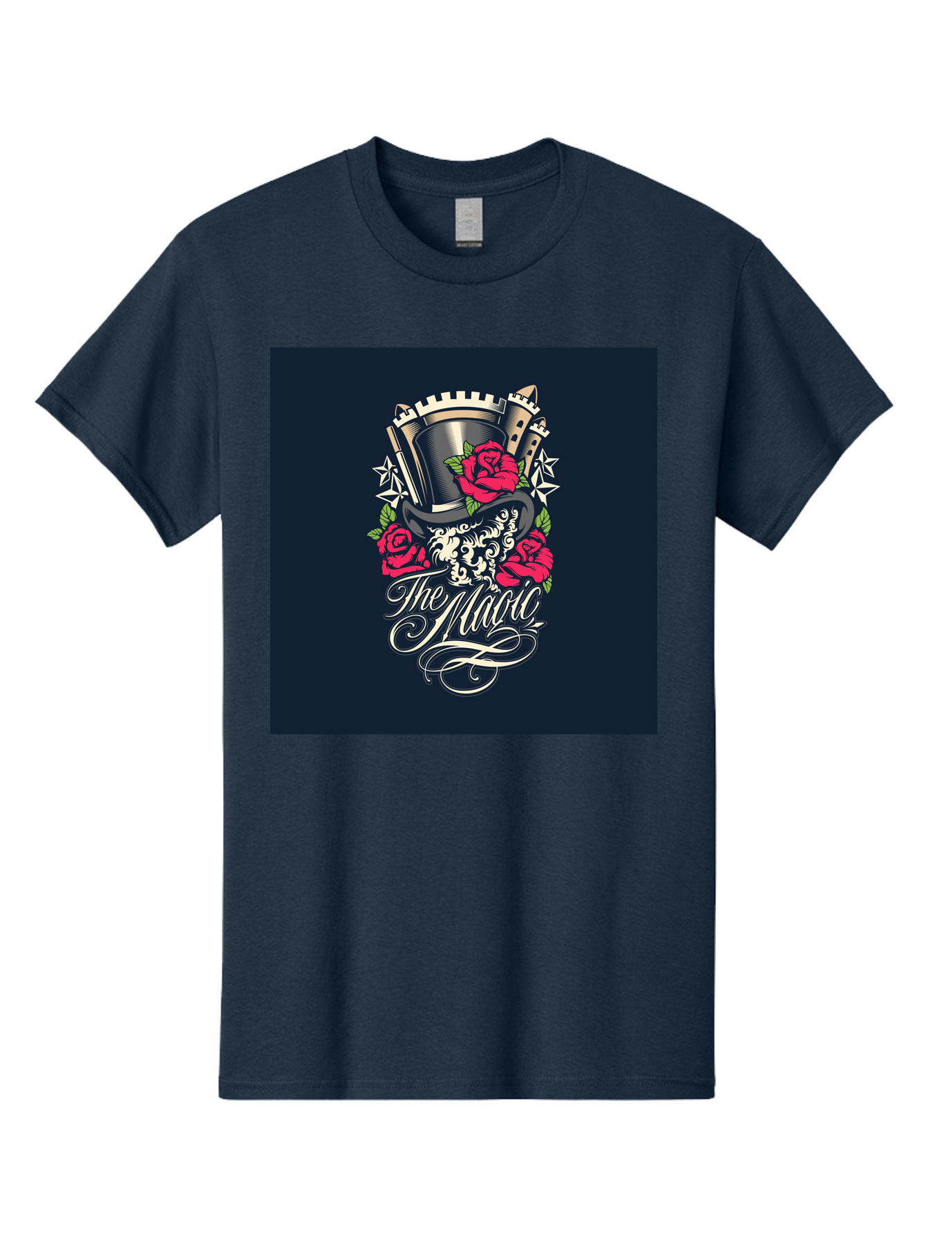 The-Magic Men'S Graphic Tee, 100% Cotton, Comfortable Casual Summer Wear, Machine Washable, Top Hat, Castle, Roses, Stars, Elegant Script, Fantasy Theme, Mystical Atmosphere, Luxury Design, Mysterious, Ornate Aab488 19