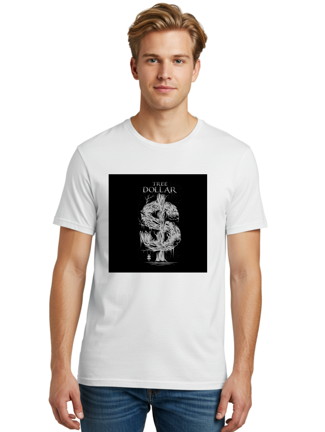 Tree-Dollar Men'S Graphic Tee, 100% Cotton, Comfortable Casual Summer Wear, Machine Washable, Dollar Sign Made Of Tree Branches, Wooden Currency Symbol, Environmental Finance, Eco-Friendly Money, Twisted Tree Trunk, Drip Art, Aab491 30
