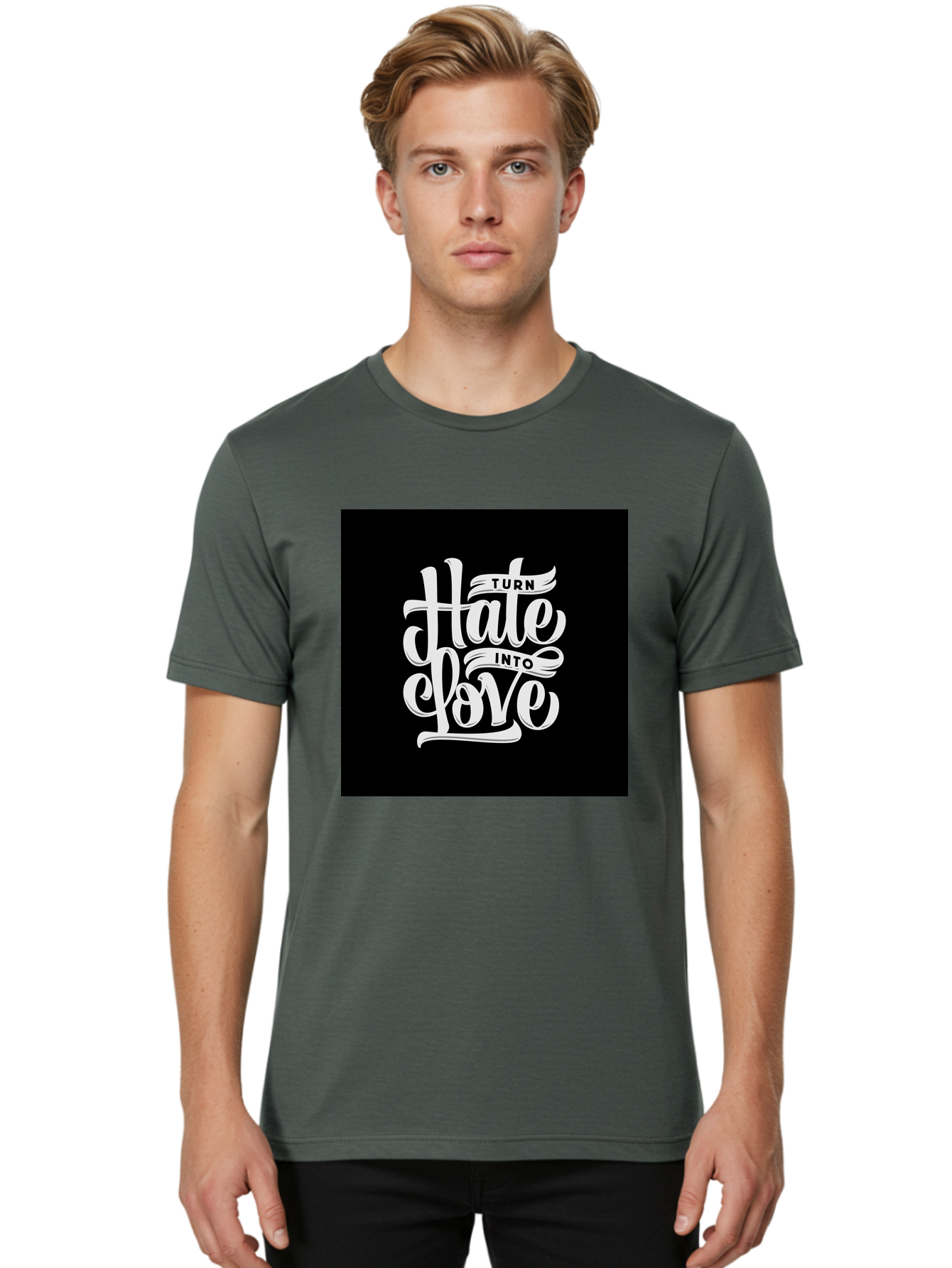 Turn-Hate-Into-Love Men'S Graphic Tee, 100% Cotton, Comfortable Casual Summer Wear, Machine Washable, Inspirational Quotes, Motivational Sayings, Positive Affirmations, Kindness Messages, Peace Signs, Emotional Support, Uplifting Words, Aab492 10