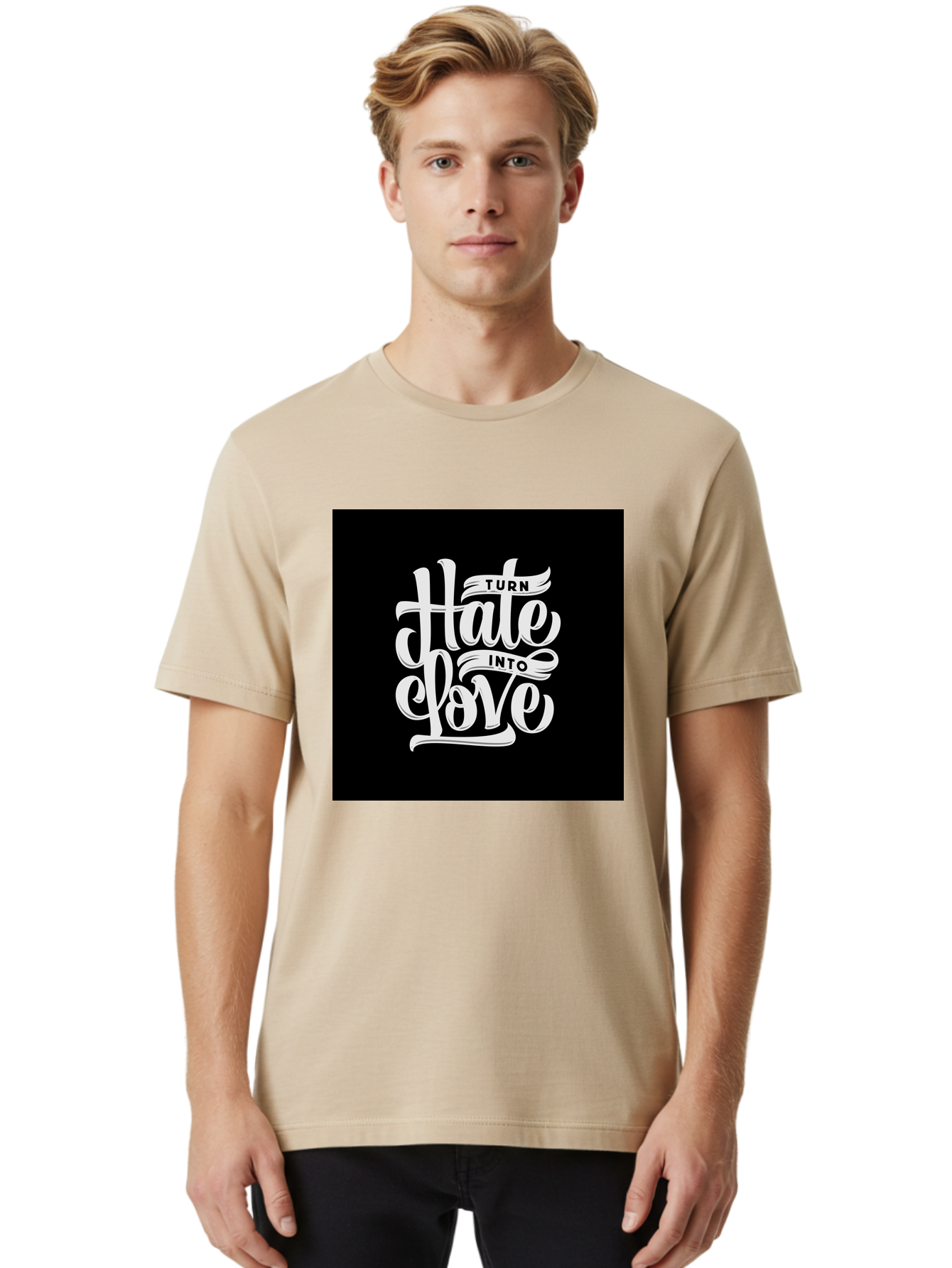 Turn-Hate-Into-Love Men'S Graphic Tee, 100% Cotton, Comfortable Casual Summer Wear, Machine Washable, Inspirational Quotes, Motivational Sayings, Positive Affirmations, Kindness Messages, Peace Signs, Emotional Support, Uplifting Words, Aab492 14