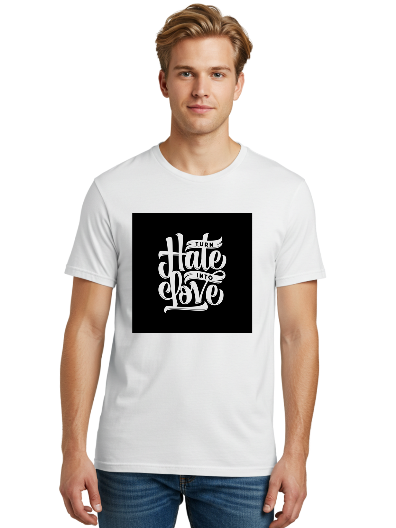 Turn-Hate-Into-Love Men'S Graphic Tee, 100% Cotton, Comfortable Casual Summer Wear, Machine Washable, Inspirational Quotes, Motivational Sayings, Positive Affirmations, Kindness Messages, Peace Signs, Emotional Support, Uplifting Words, Aab492 2