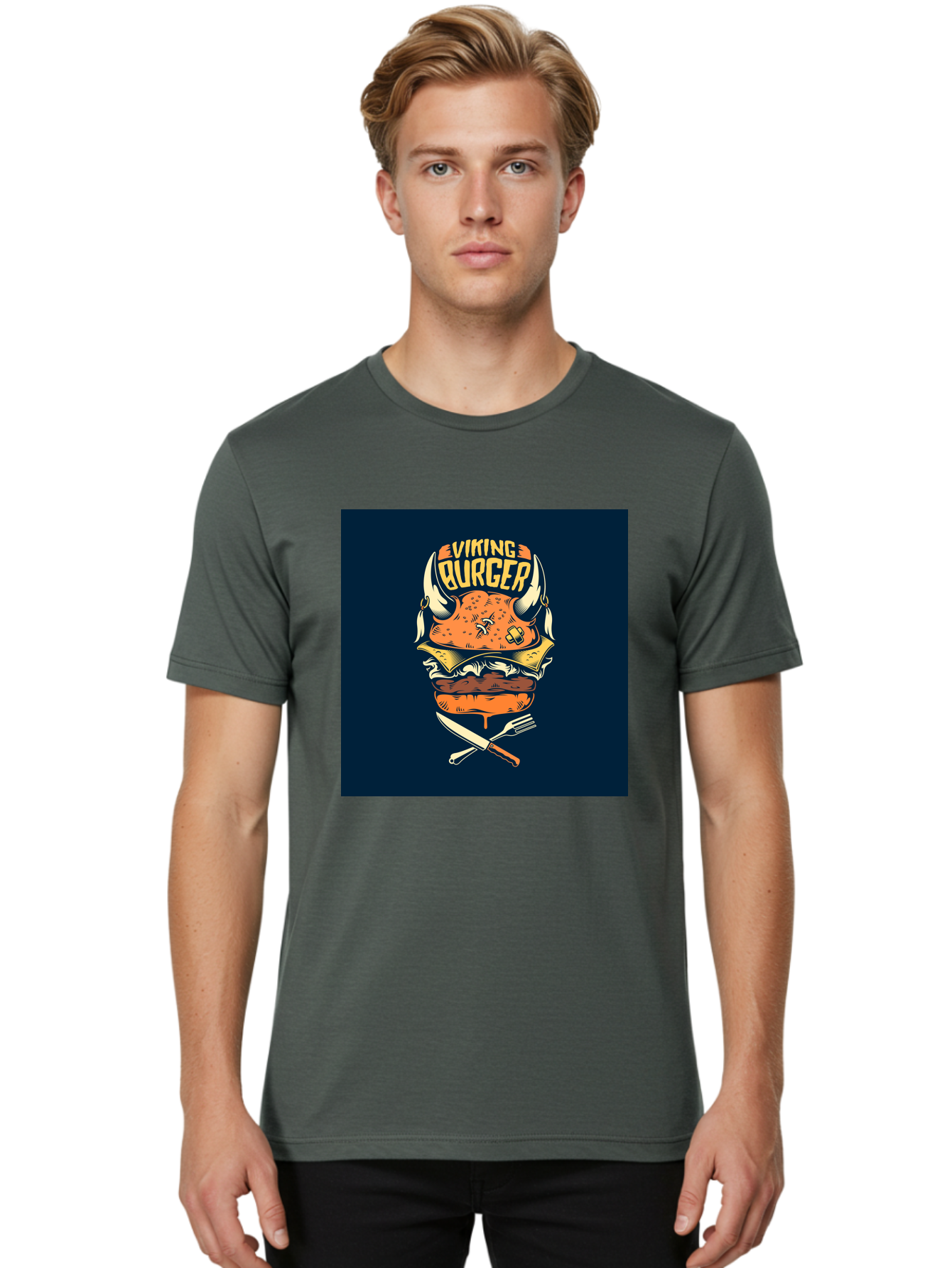 Viking-Burger Men'S Graphic Tee, 100% Cotton, Comfortable Casual Summer Wear, Machine Washable, Viking Burger, Cartoon Burger, Burger Illustration, Horned Bun, Crossed Utensils, Restaurant Logo, Food Branding, Yellow Text, Comical Design, Aab493 4
