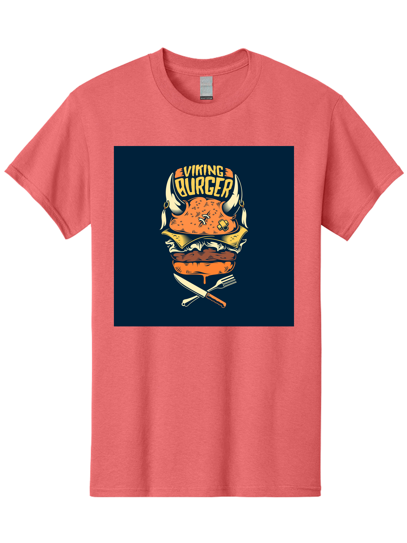 Viking-Burger Men'S Graphic Tee, 100% Cotton, Comfortable Casual Summer Wear, Machine Washable, Viking Burger, Cartoon Burger, Burger Illustration, Horned Bun, Crossed Utensils, Restaurant Logo, Food Branding, Yellow Text, Comical Design, Aab493 5