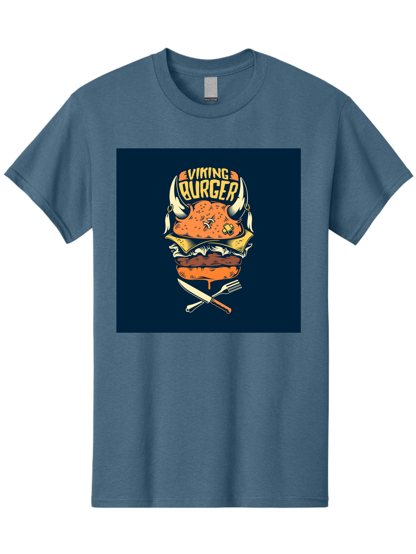 Viking-Burger Men'S Graphic Tee, 100% Cotton, Comfortable Casual Summer Wear, Machine Washable, Viking Burger, Cartoon Burger, Burger Illustration, Horned Bun, Crossed Utensils, Restaurant Logo, Food Branding, Yellow Text, Comical Design, Aab493 11