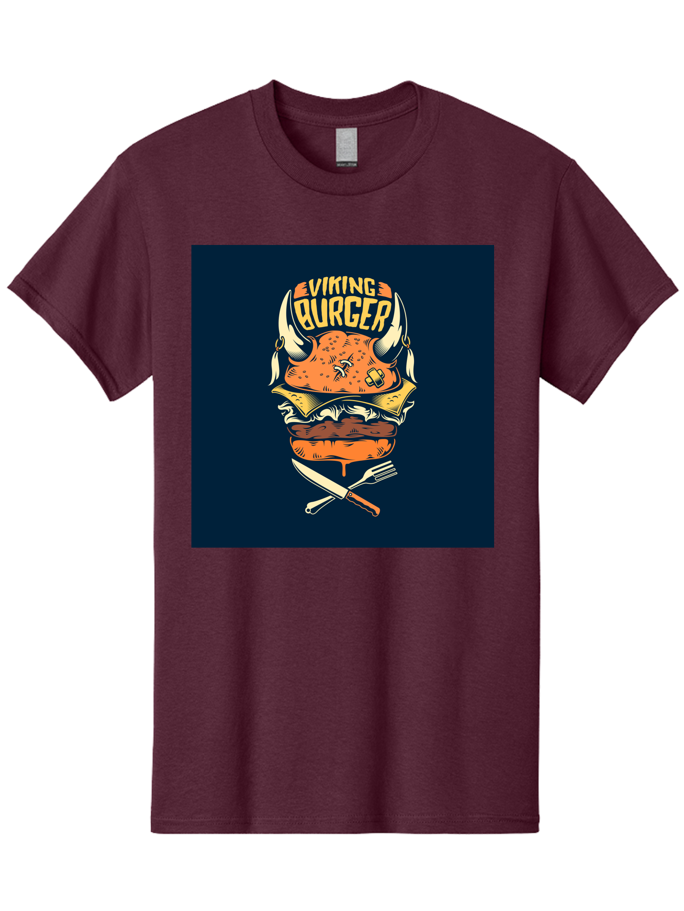 Viking-Burger Men'S Graphic Tee, 100% Cotton, Comfortable Casual Summer Wear, Machine Washable, Viking Burger, Cartoon Burger, Burger Illustration, Horned Bun, Crossed Utensils, Restaurant Logo, Food Branding, Yellow Text, Comical Design, Aab493 13