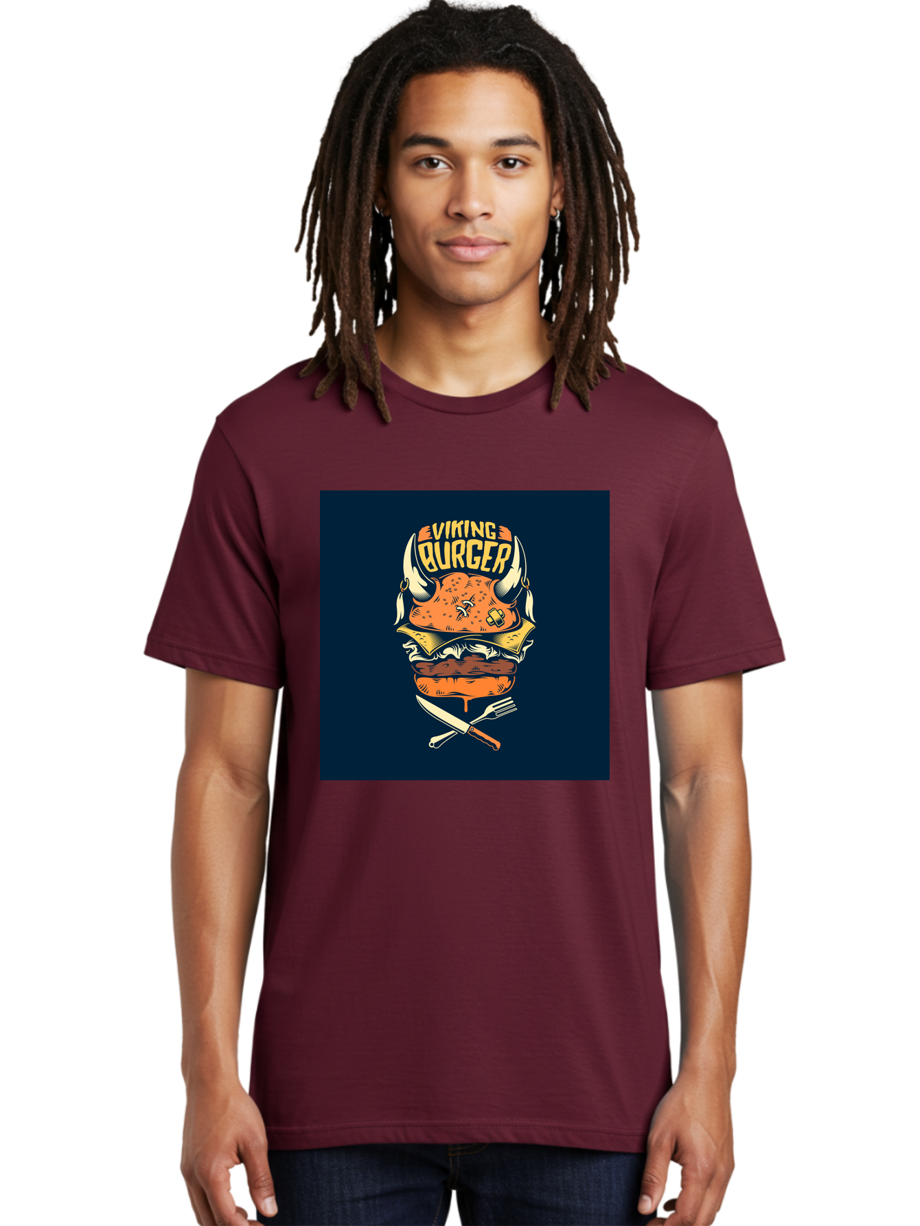 Viking-Burger Men'S Graphic Tee, 100% Cotton, Comfortable Casual Summer Wear, Machine Washable, Viking Burger, Cartoon Burger, Burger Illustration, Horned Bun, Crossed Utensils, Restaurant Logo, Food Branding, Yellow Text, Comical Design, Aab493 14