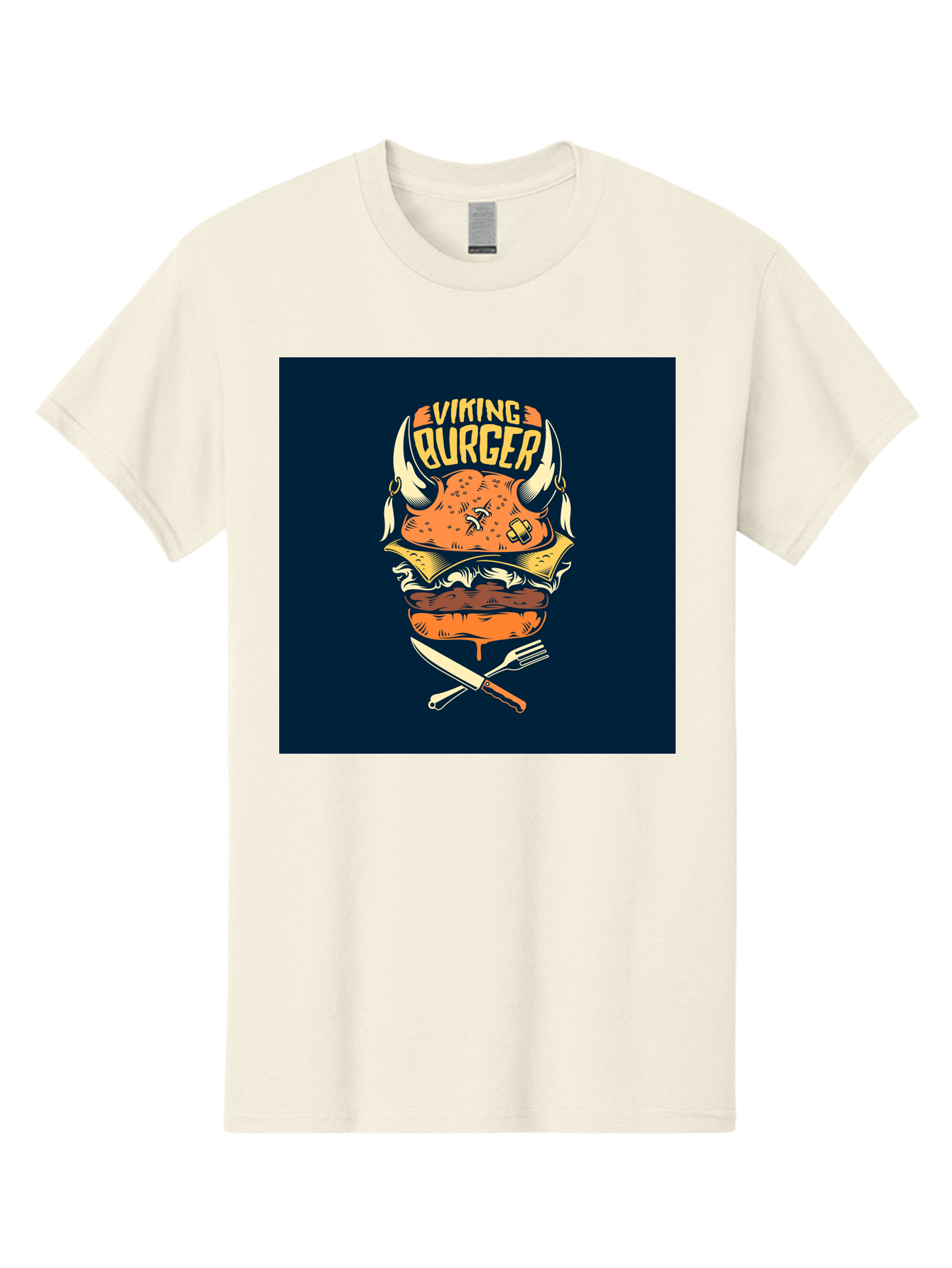 Viking-Burger Men'S Graphic Tee, 100% Cotton, Comfortable Casual Summer Wear, Machine Washable, Viking Burger, Cartoon Burger, Burger Illustration, Horned Bun, Crossed Utensils, Restaurant Logo, Food Branding, Yellow Text, Comical Design, Aab493 17