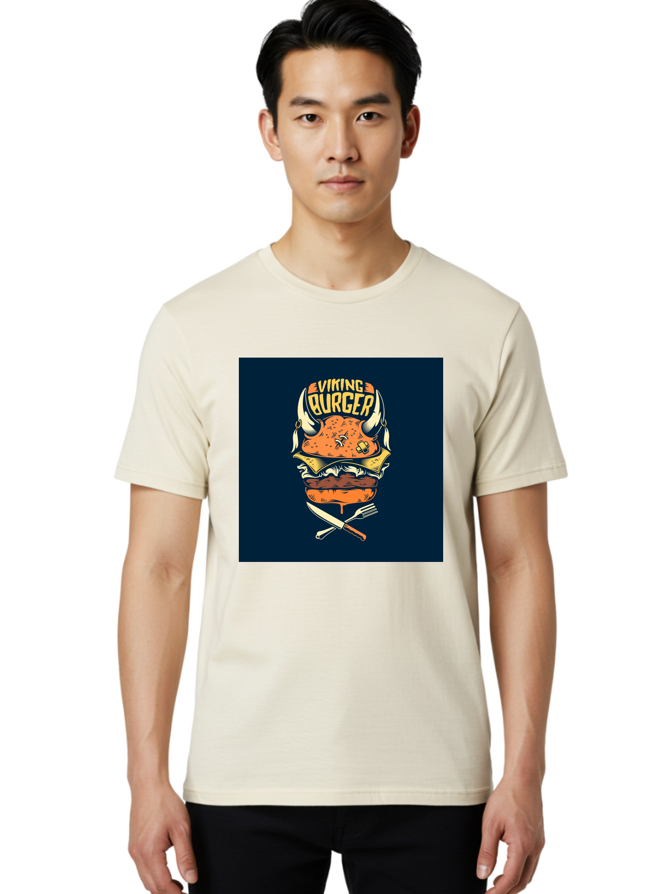 Viking-Burger Men'S Graphic Tee, 100% Cotton, Comfortable Casual Summer Wear, Machine Washable, Viking Burger, Cartoon Burger, Burger Illustration, Horned Bun, Crossed Utensils, Restaurant Logo, Food Branding, Yellow Text, Comical Design, Aab493 18