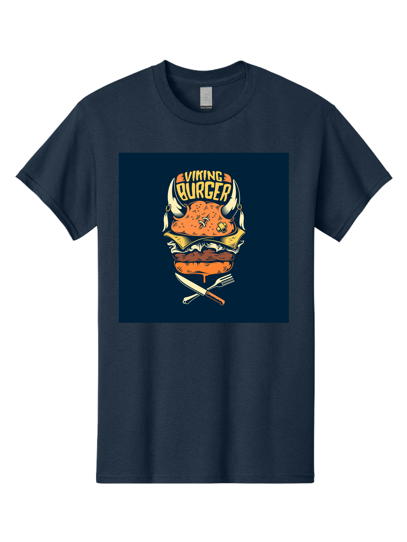 Viking-Burger Men'S Graphic Tee, 100% Cotton, Comfortable Casual Summer Wear, Machine Washable, Viking Burger, Cartoon Burger, Burger Illustration, Horned Bun, Crossed Utensils, Restaurant Logo, Food Branding, Yellow Text, Comical Design, Aab493 19