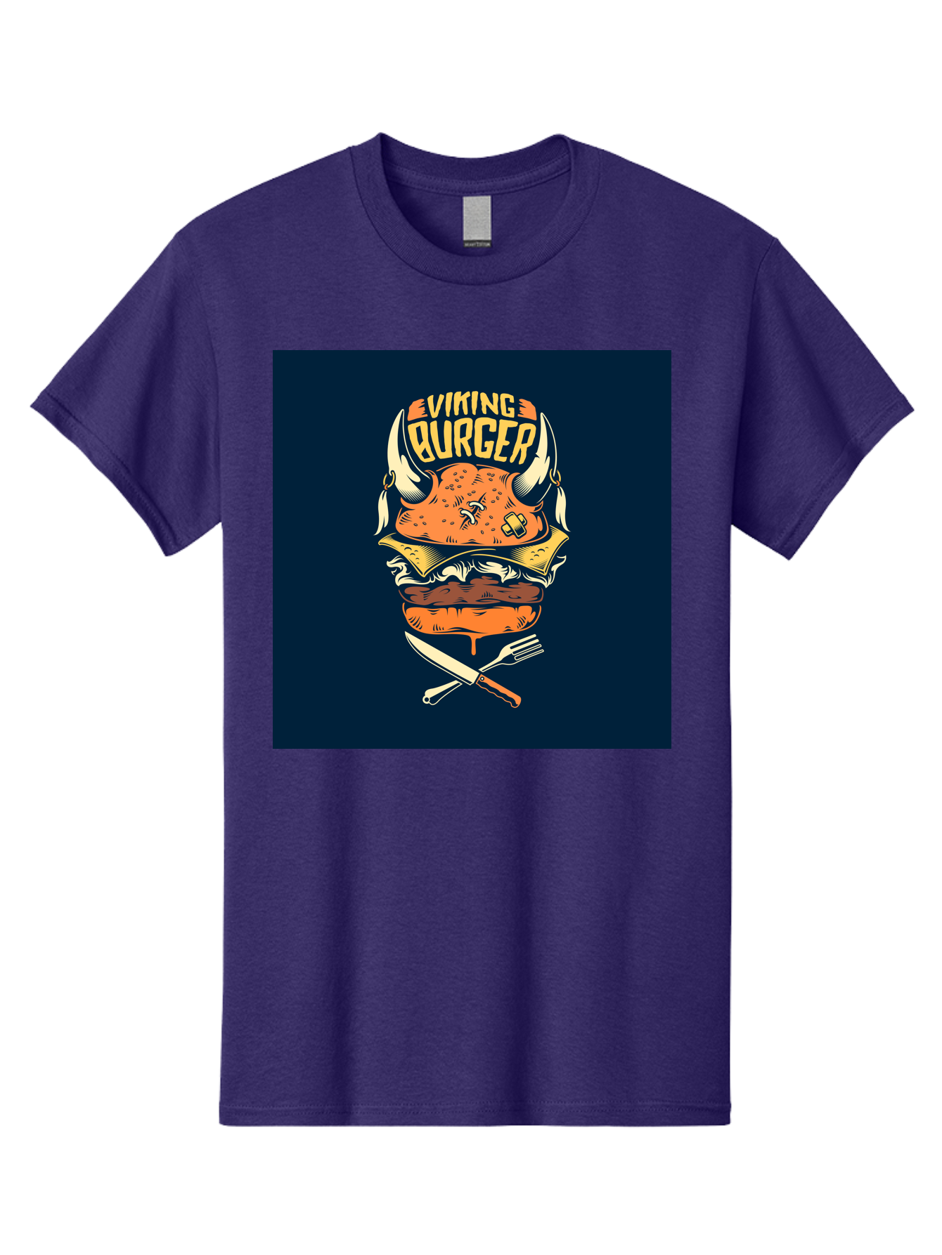 Viking-Burger Men'S Graphic Tee, 100% Cotton, Comfortable Casual Summer Wear, Machine Washable, Viking Burger, Cartoon Burger, Burger Illustration, Horned Bun, Crossed Utensils, Restaurant Logo, Food Branding, Yellow Text, Comical Design, Aab493 21