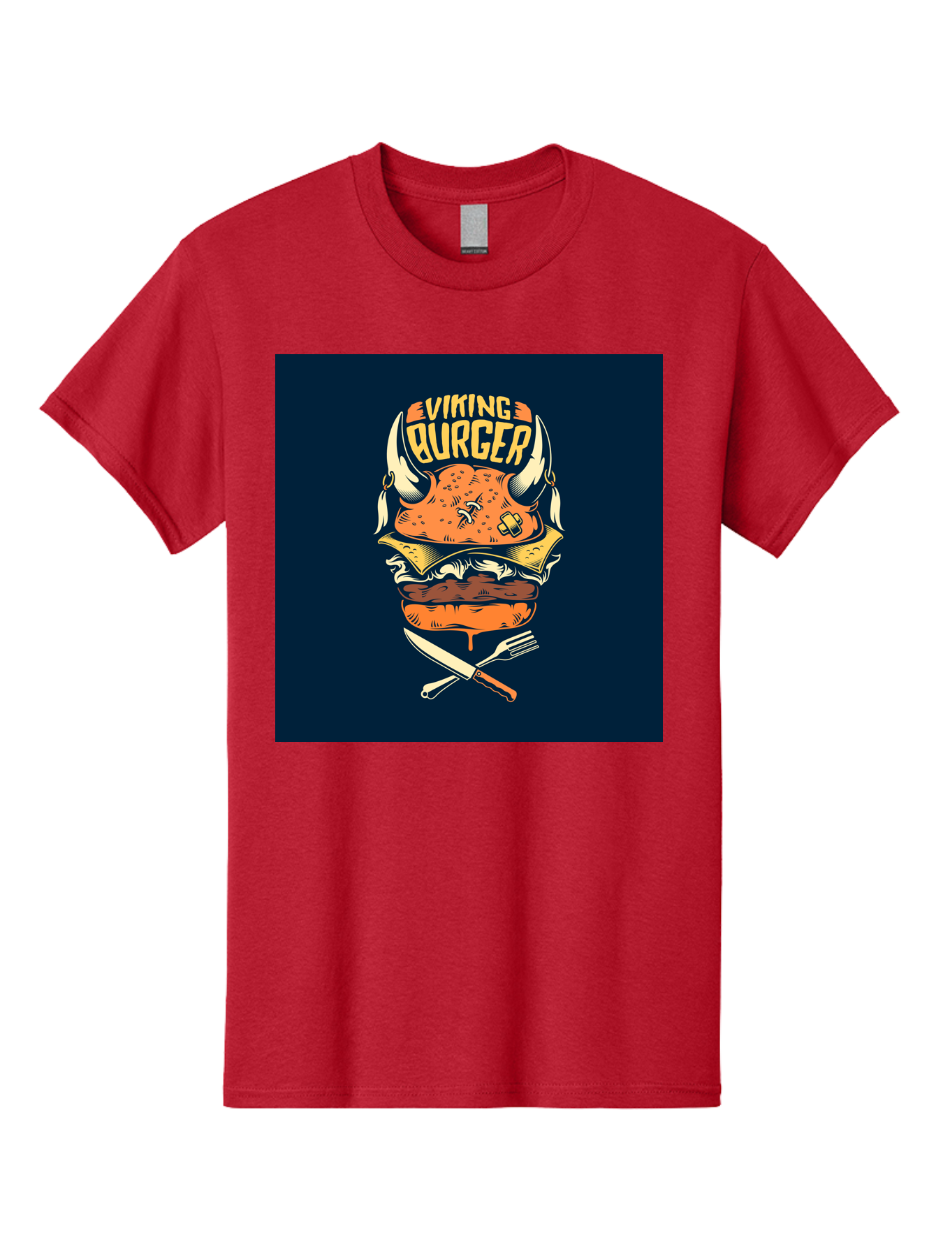 Viking-Burger Men'S Graphic Tee, 100% Cotton, Comfortable Casual Summer Wear, Machine Washable, Viking Burger, Cartoon Burger, Burger Illustration, Horned Bun, Crossed Utensils, Restaurant Logo, Food Branding, Yellow Text, Comical Design, Aab493 23