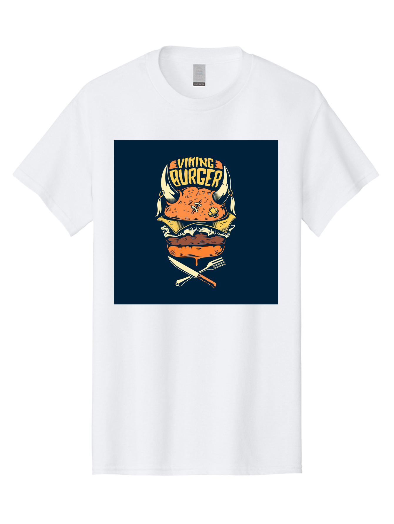 Viking-Burger Men'S Graphic Tee, 100% Cotton, Comfortable Casual Summer Wear, Machine Washable, Viking Burger, Cartoon Burger, Burger Illustration, Horned Bun, Crossed Utensils, Restaurant Logo, Food Branding, Yellow Text, Comical Design, Aab493 29
