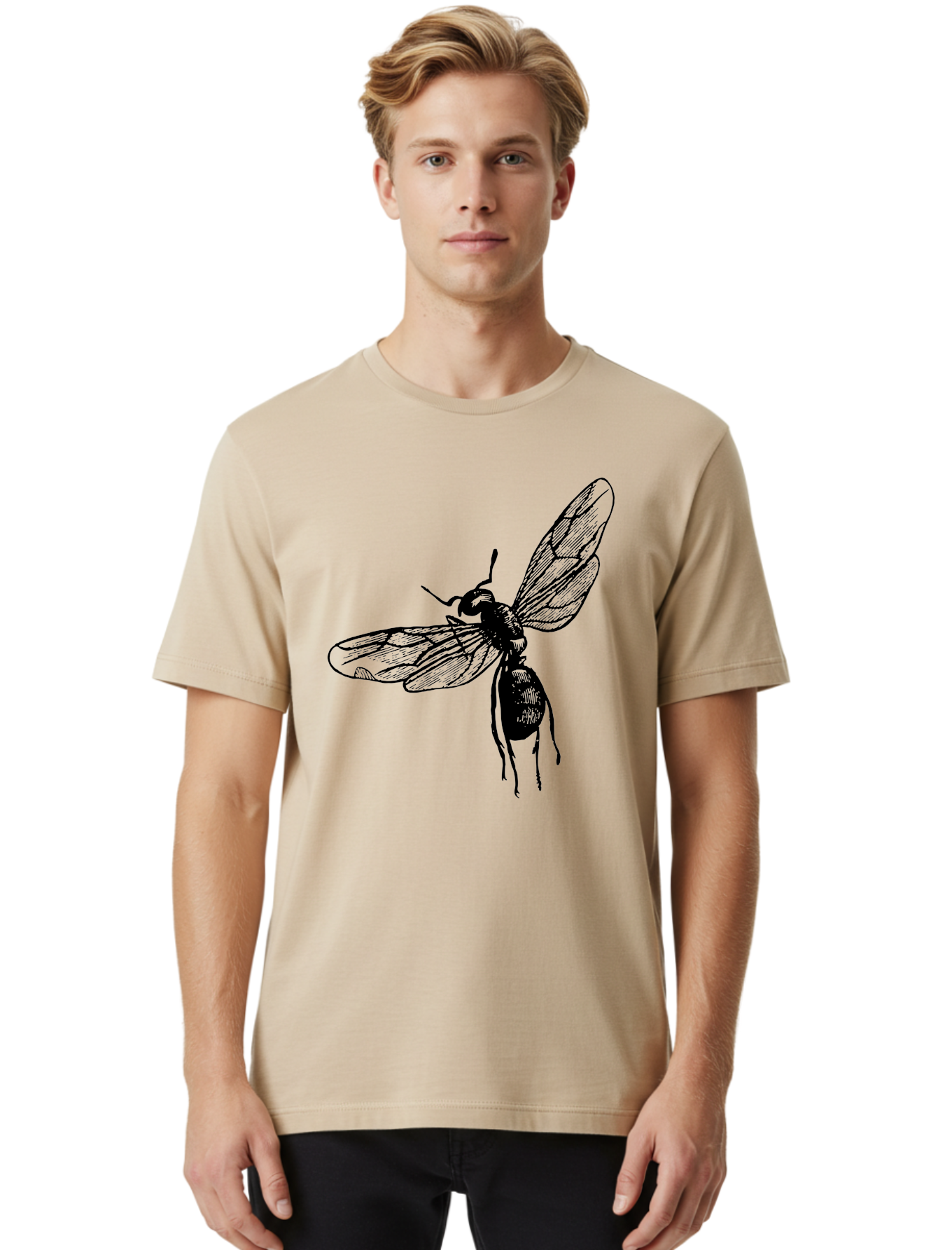Bee Men'S Graphic Tee, 100% Cotton, Comfortable Casual Summer Wear, Machine Washable, Black Wasp In Flight, Insect Wings, Entomology Illustration, Detailed Drawing, Winged Creature, Insect Art Aab503 28